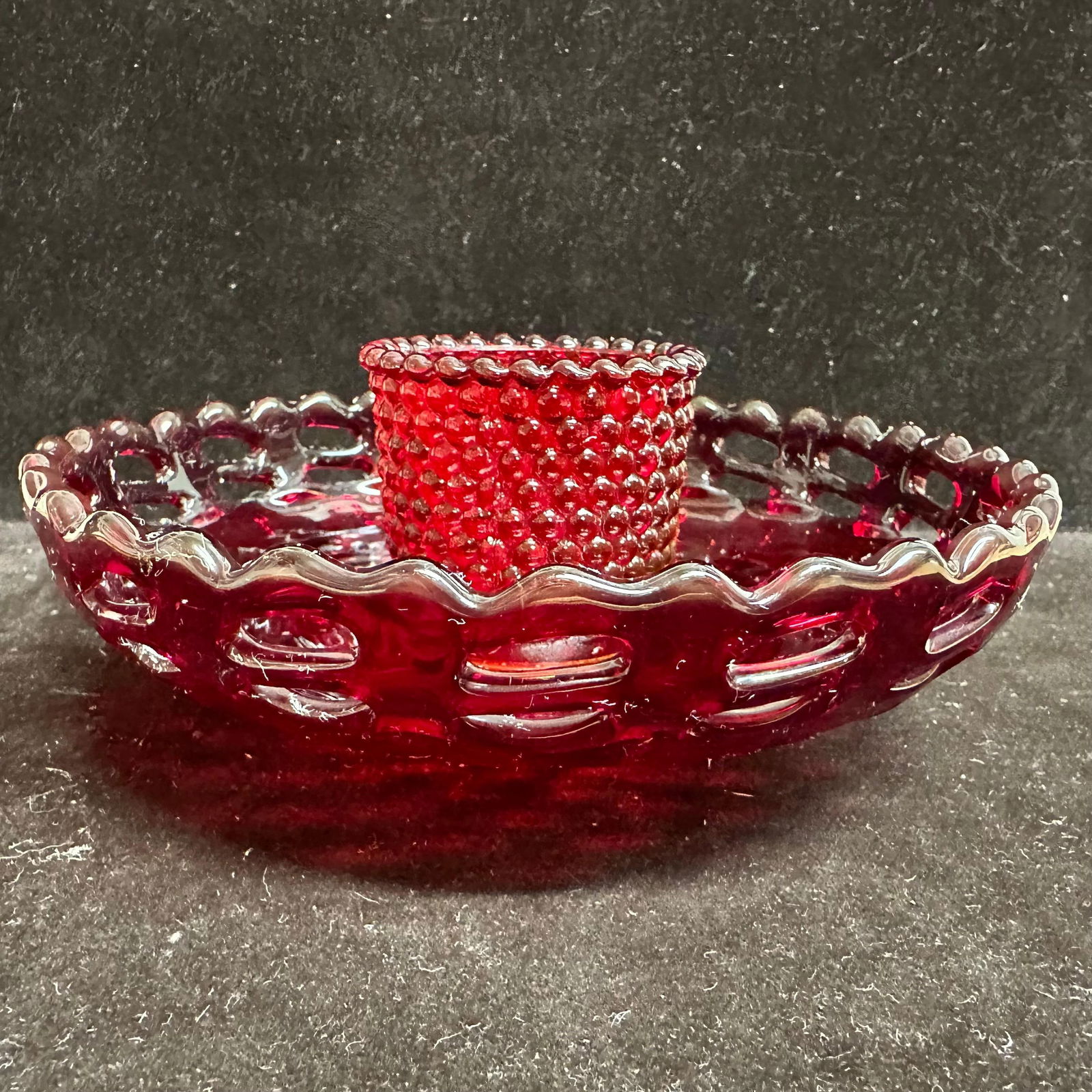 Fenton Ruby Red Hobnail Glass Candle Holder with Basket Weave and Open Lace Edge (1 of 10)
