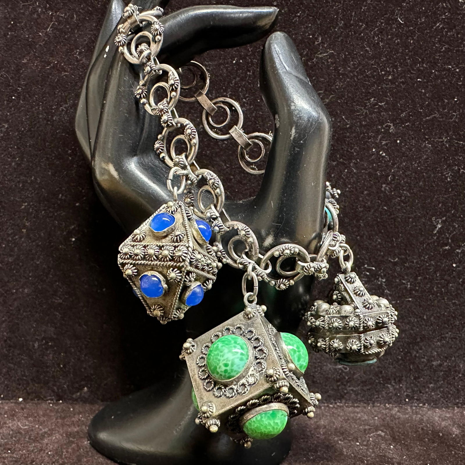 Etruscan Revival Style 800 Silver Ornate Charm Bracelet with Scarab and Gemstone Cabochons M4 (1 of 15)
