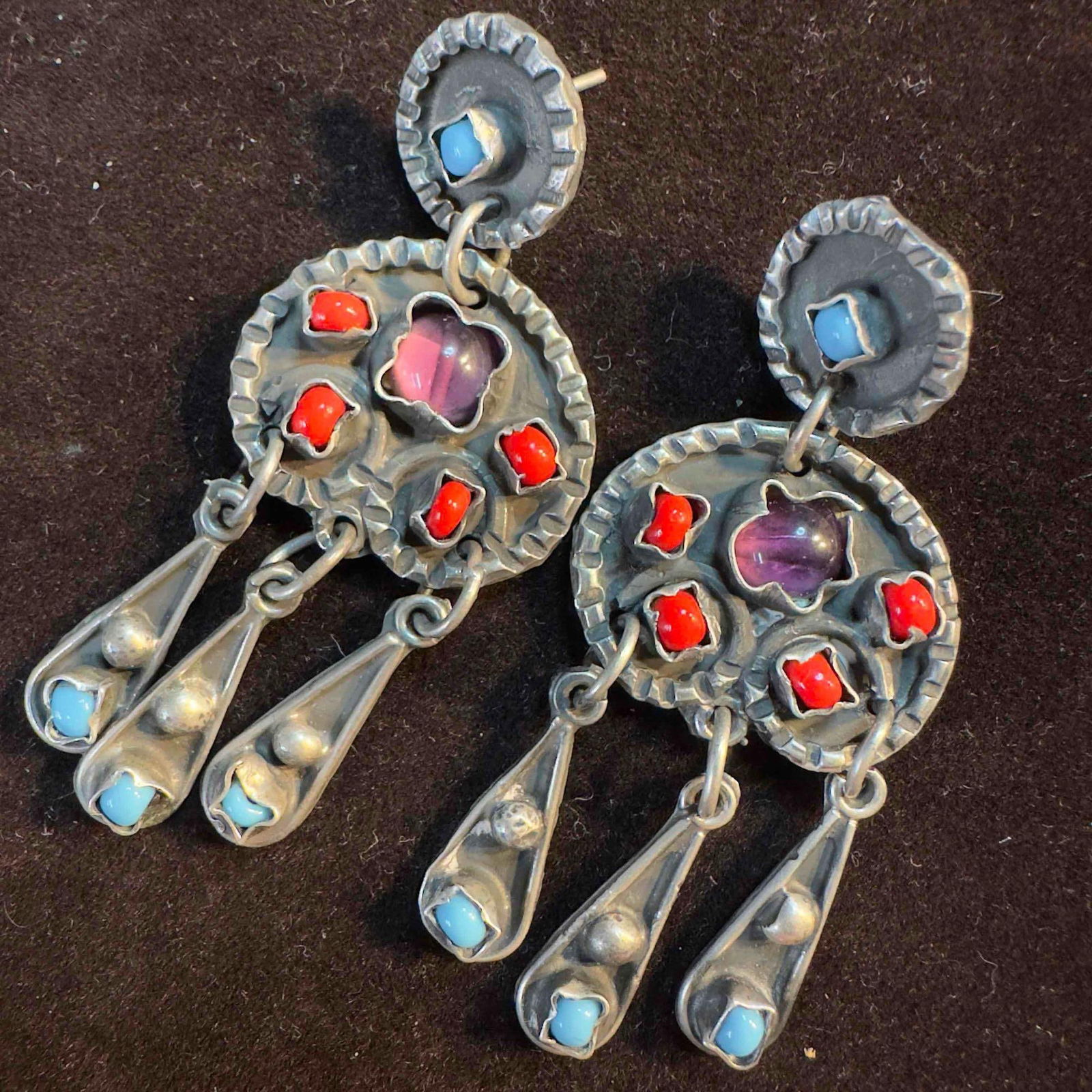 Turquoise Red Coral Amethyst Gemstones Sterling Silver 925 Mexico Dangle Earrings (1 of 8)