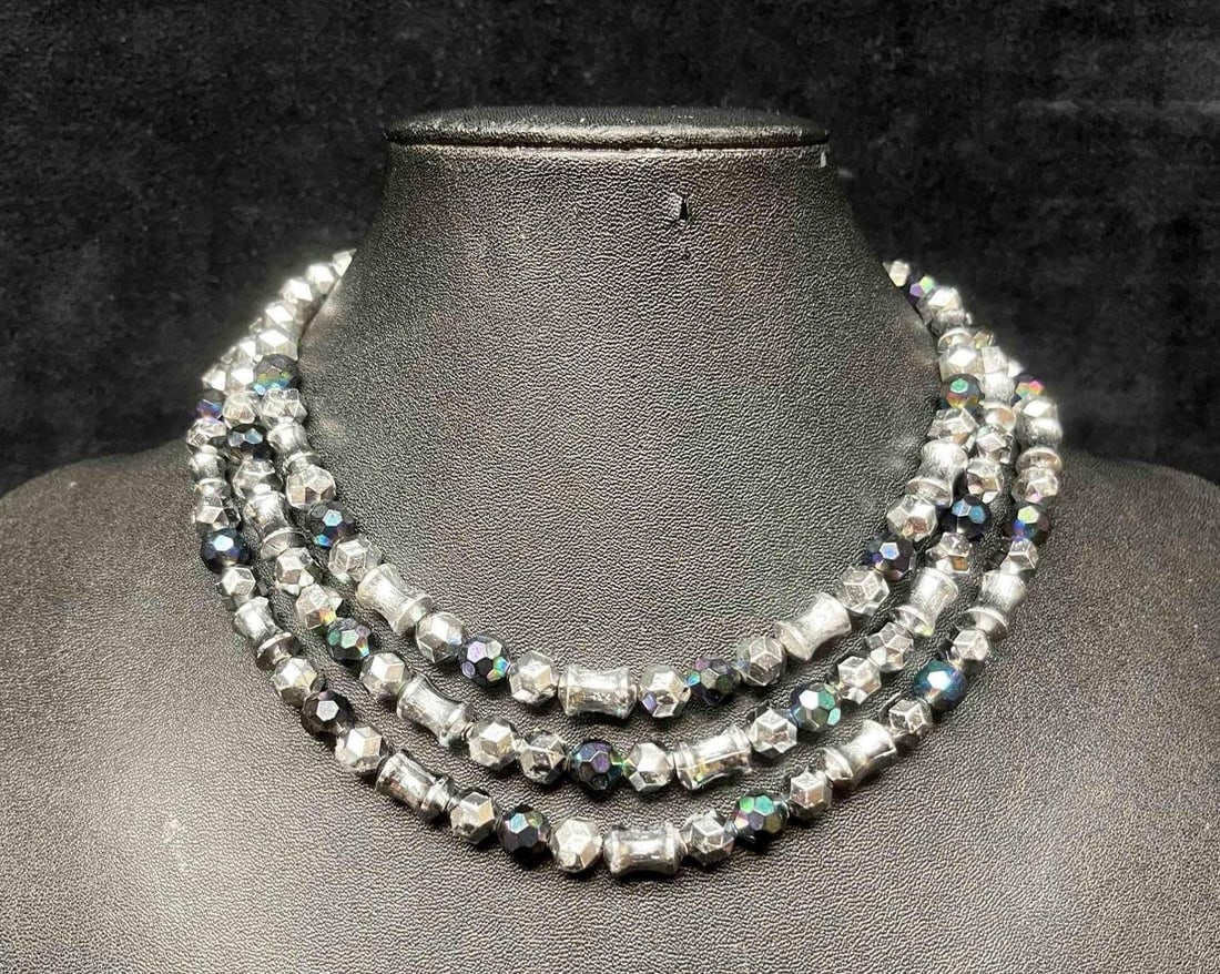 Signed Vintage West Germany 3 Layer Silver Tone Beaded Necklace (1 of 6)