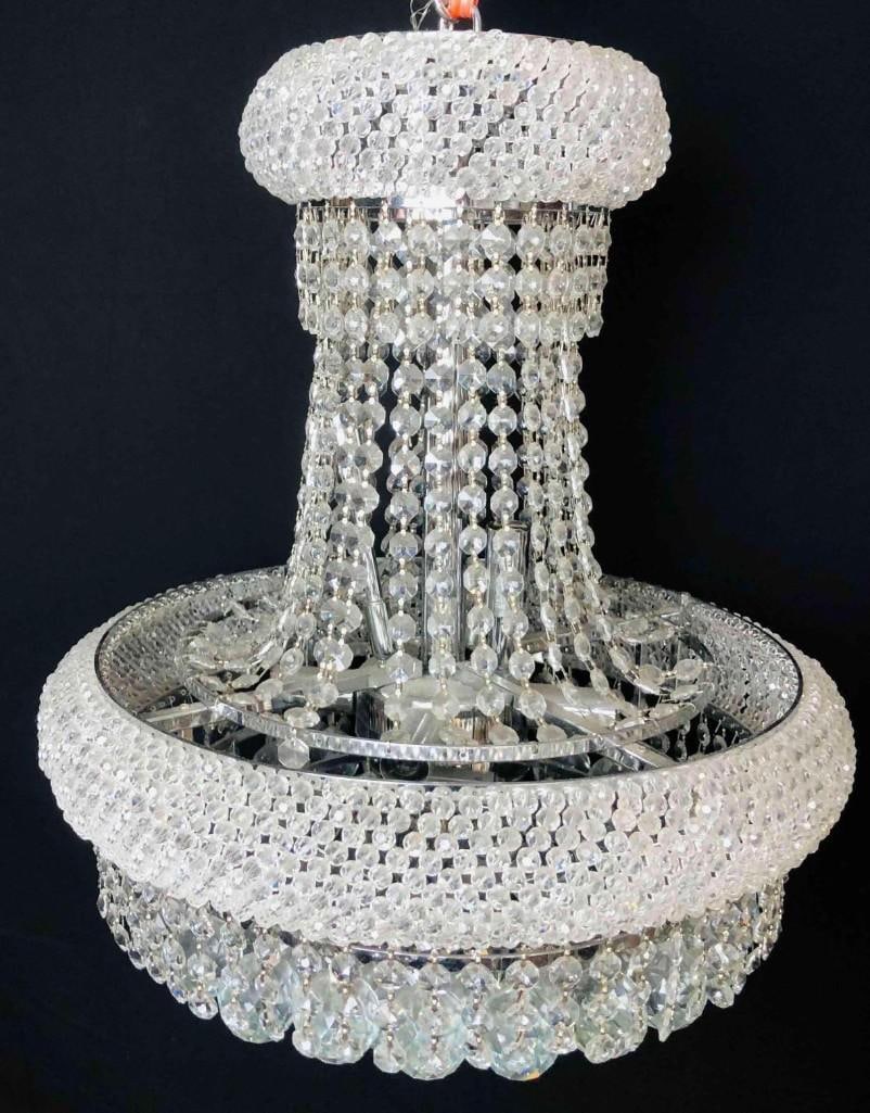 Dining Suspension Incandescent Luminaire Crystal Ball Hanging Chandelier: This lot contains a Large Dining Suspension Incandescent Luminaire Crystal Ball Hanging Chandelier Item: V1800D16. Approx. Size: D16" H20" L8" and it weighs about 30lbs. Made in China. Overall the Cha