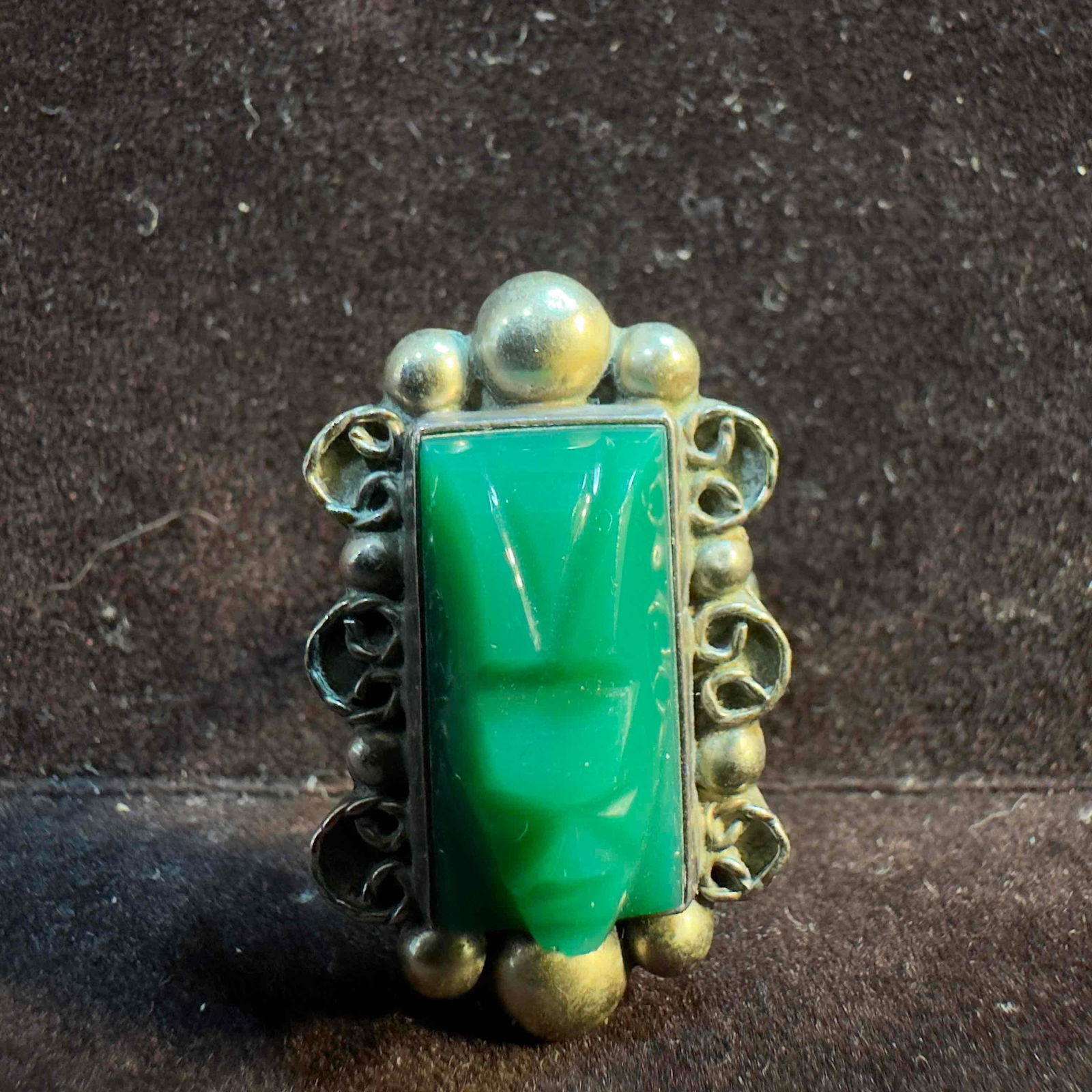 Carved Green Onyx Gemstone Face Tribal Mask Sterling Silver Ring (1 of 11)
