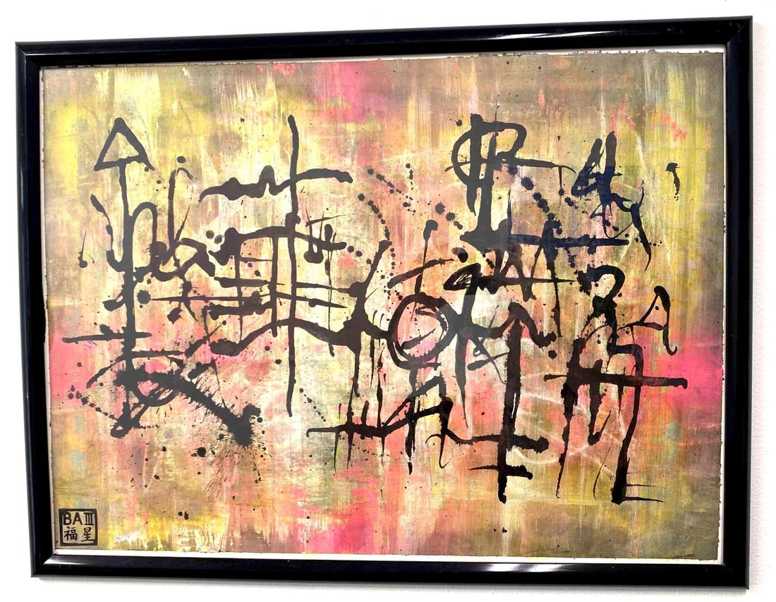 Signed Original Acrylic On Paper "Sigils" By BA3: This lot contains a Signed Original Acrylic On Paper "Sigils" By BA3. The artwork is approx 18" x 24". Overall the painting is in good used condition with no known damages. Please reference all of the