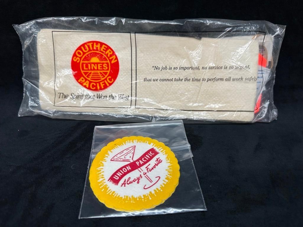 Southern Pacific Crew Pak & UP Coasters: Southern Pacific Crew Pak & UP Coasters Still sealed in the original plastic, a "Crew Pak" of disposable cleaning supplies from Union Pacific. Appears to be from the 1980s or early 1990s.