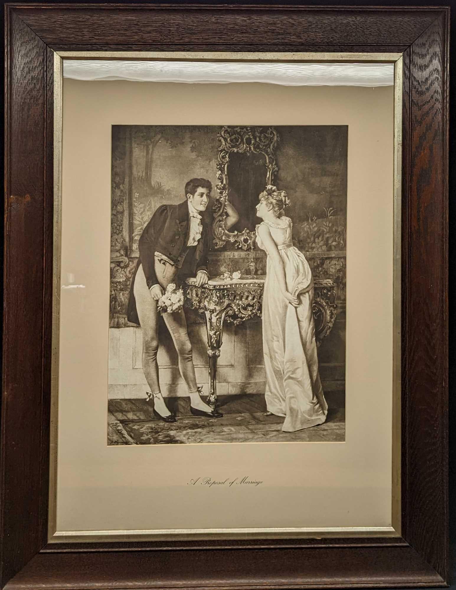 Framed John Haynes Williams Proposal Of Marriage Print: Framed John Haynes Williams Proposal Of Marriage Print. This framed print is approx 27" x 1" x 35" and it weighs 12lbs. The print/image is approx 29" x 20". The framed print is in a good, used conditi