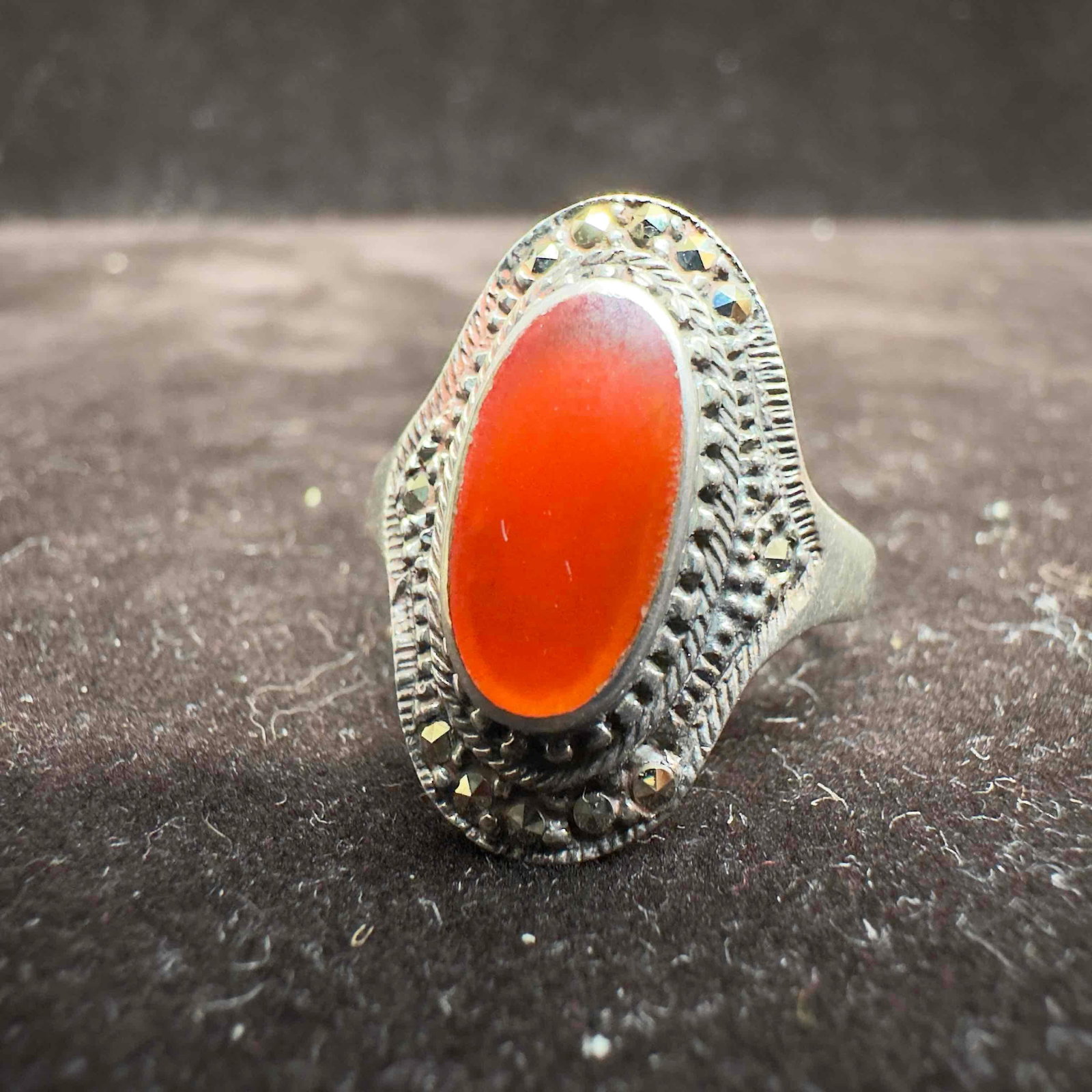 Elongated Oval Carnelian Marcasite Gemstones Sterling Silver Ring (1 of 8)