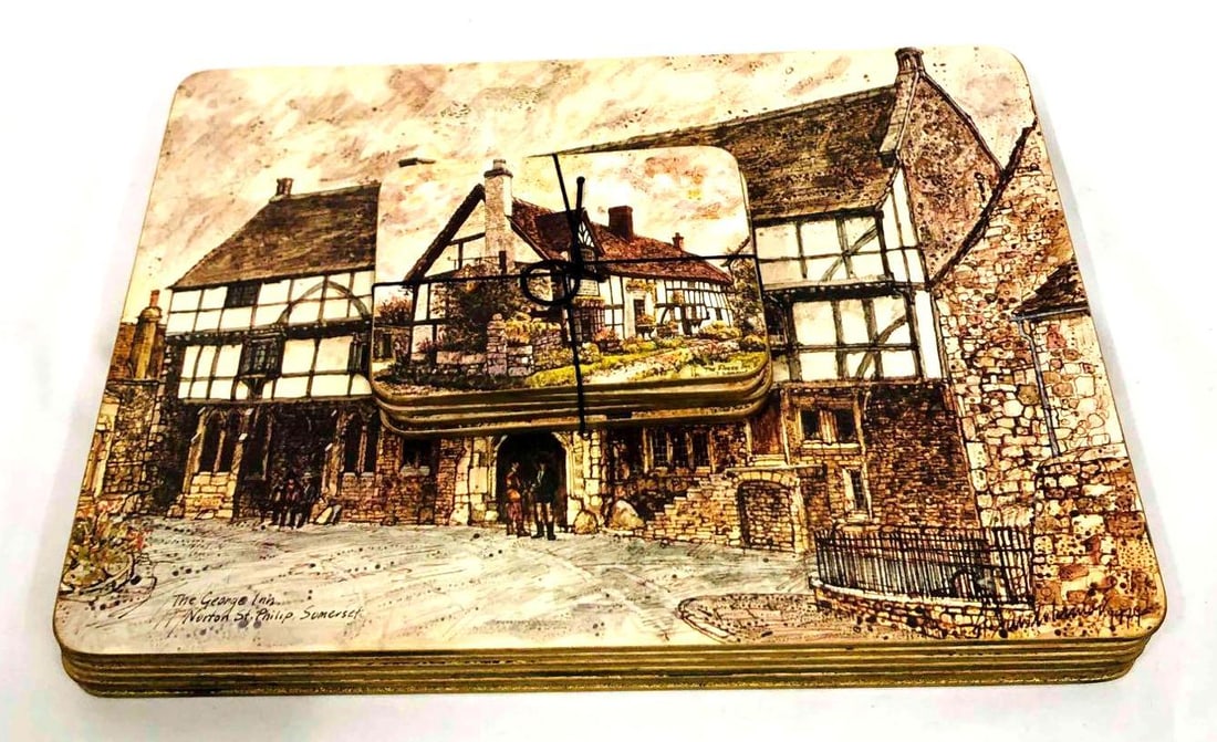 Vintage Clover Leaf Coasters Depicting United Kingdom Landmarks Set Of 12 With Display Stand: This lot contains a set of 12 Vintage Clover Leaf Coasters Depicting United Kingdom Landmarks with a display stand. The 6 large coasters are approx 8 1/2" x 11 1/2 while the small coasters are approx