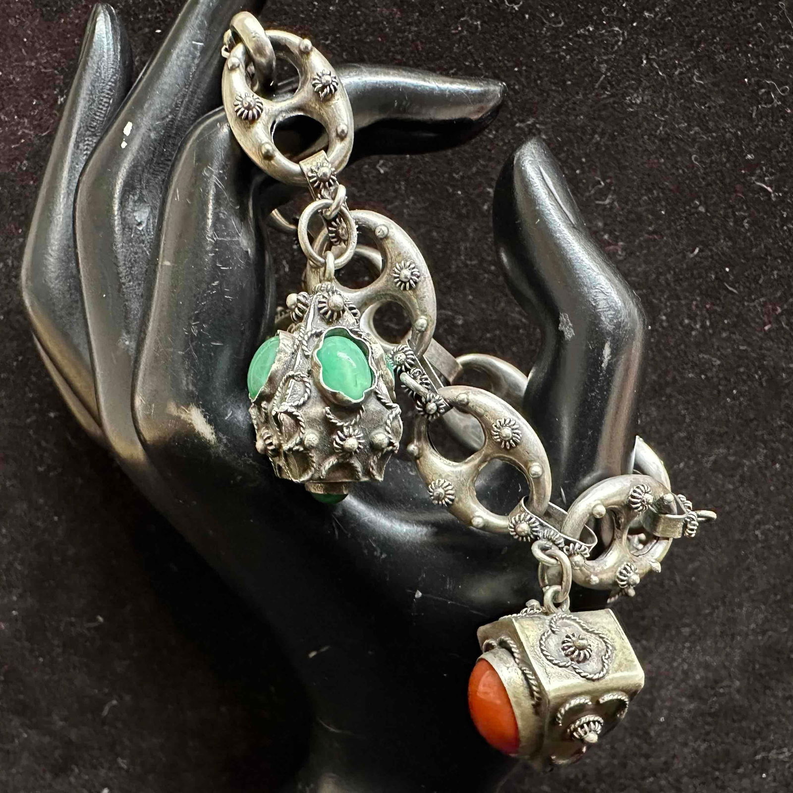 Puff Mariner Chain Link Etruscan Revival Style 800 Silver Gemstone Four Charm Bracelet H95: This item is in good pre-owned, previously used/displayed condition with noticeable light wear, and surface scratches. Please reference all photos for full details. This piece of jewelry has been test