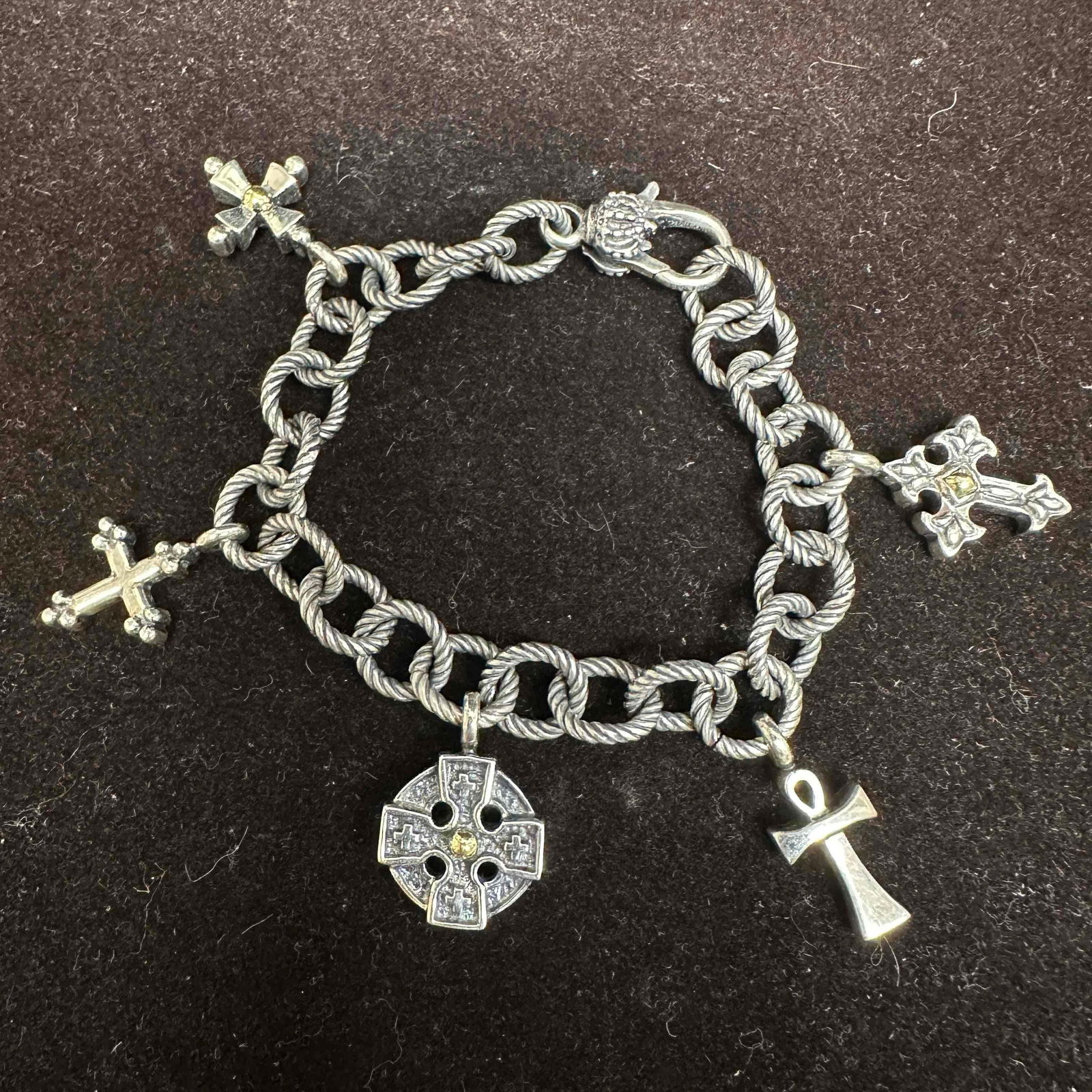 Ann King Sterling Silver 18k Gold Celtic Cross Charm Bracelet: This item is in good pre-owned, previously used/displayed condition with noticeable light wear, and surface scratches. Please reference all photos for full details. This piece of jewelry has been test