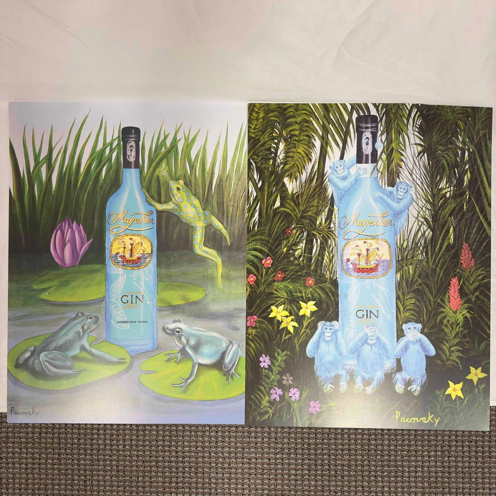 Magellan Ad Poster Gin Advertisement Print By John Pacovsky Set of Five 5 Posters Monkeys Frogs: Magellan Ad Poster Gin Advertisement Print By John Pacovsky Set of Sixteen 16 Posters. A few designs Monkeys and Frogs from Magellan gin ads from John Pacovsky, multiples of both designs. A few crease