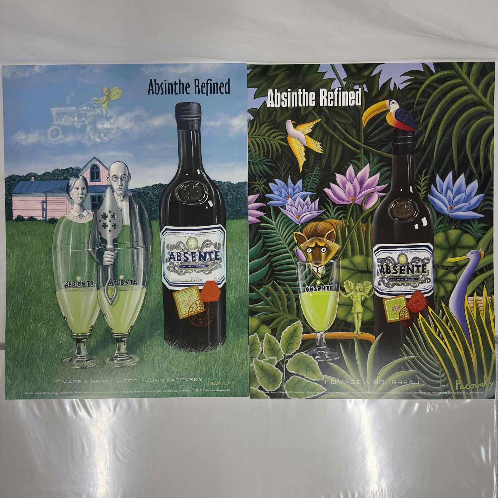 Absinthe Refined Ad Poster Homage A Grant Wood Rousseau By John Pacovsky Set of Six 6 Posters: Absinthe Refined Ad Poster Homage A Grant Wood Rousseau By John Pacovsky Set of Six 6 Posters. Two different designs by John Pacovsky. One poster is the Grant Wood design and five are the Rousseau des