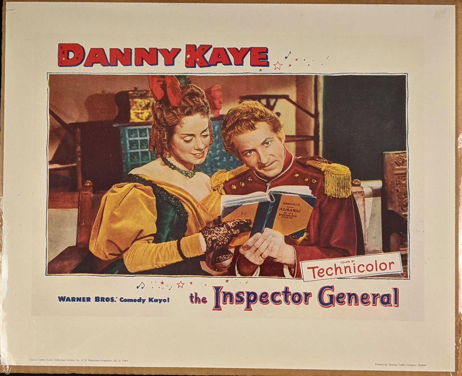 Danny Kaye Inspector General Reproduction Lobby Card: Here is a reproduction lobby card from the movie "Inspector General" from 1949. This copy was made in 1984 by Television Properties Ldt as part of their "Classic Lobby Cards Collectors Edition (No. LC