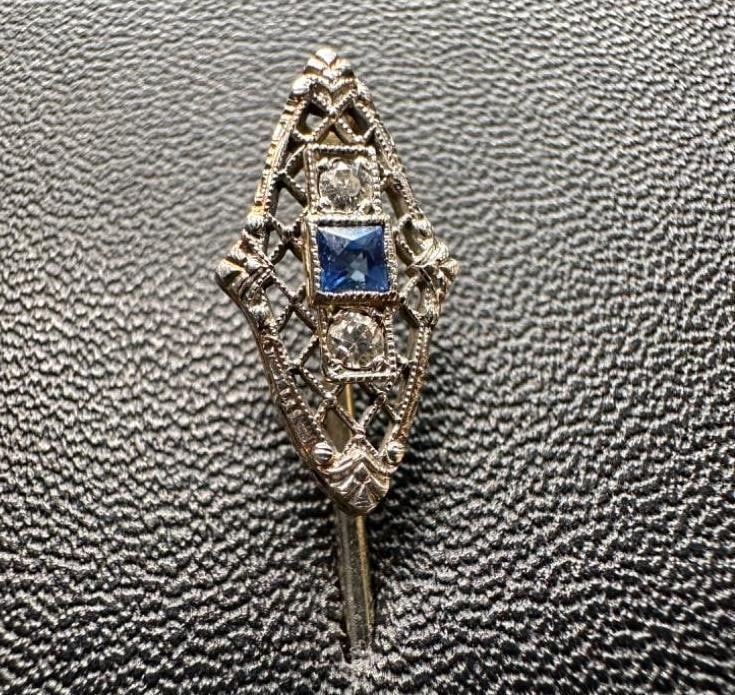 14k White Gold Diamond & Sapphire Hat Pin: This piece of jewelry has been tested and researched prior to listing. Please view all our pictures they are part of our description. DETAILS: Metal - 14k Gold Color - Silver/White Stones - Sapphire,