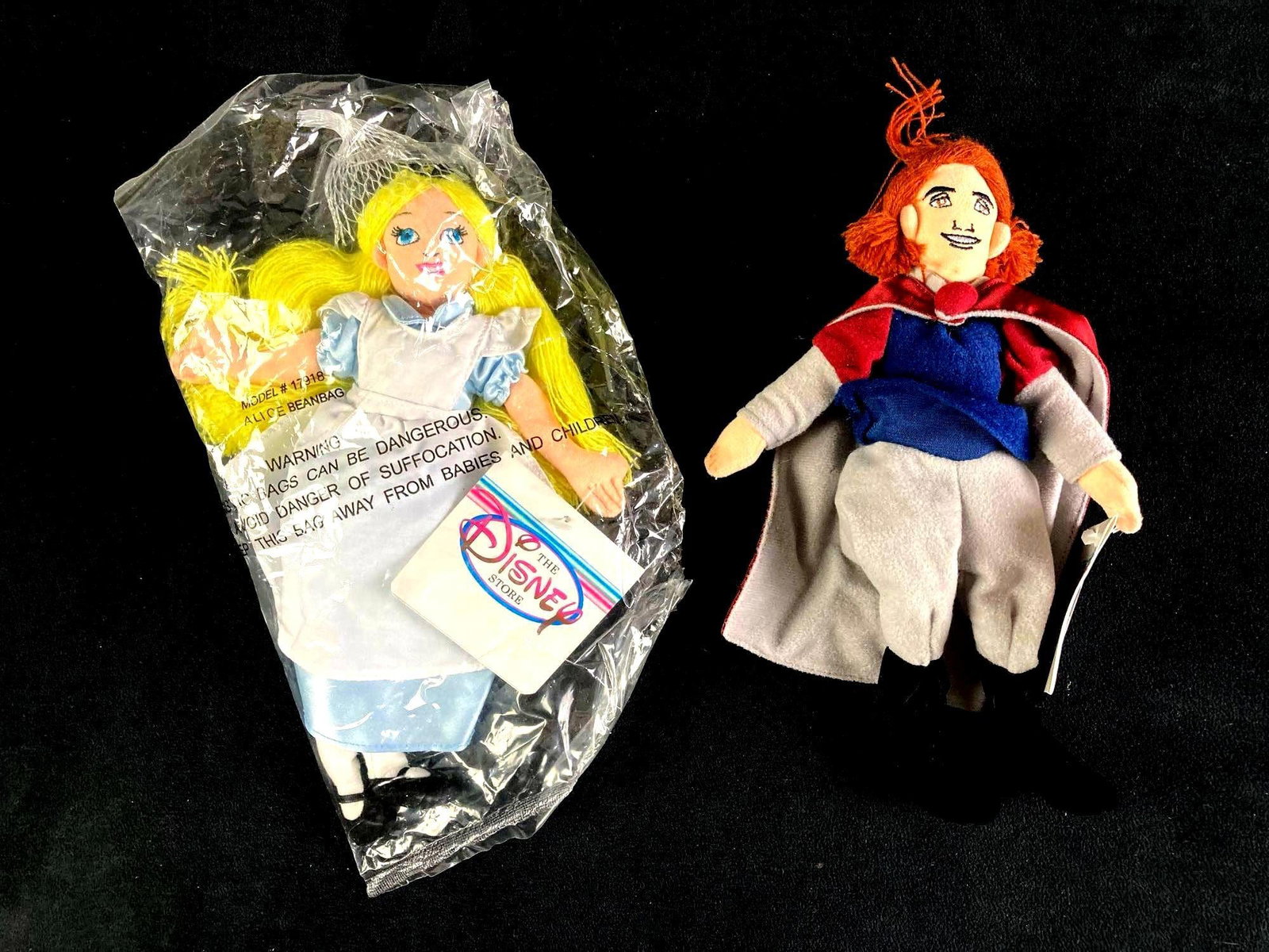 Set of (2) Disney Plush Bean Bag Dolls Alice and Prince Phillip: Up for auction is a recent estate find, a set of (2) Disney bean bag dolls in particular Alice from the Disney film Alice in Wonderland and Prince Phillip from Sleeping Beauty. These came from a twent
