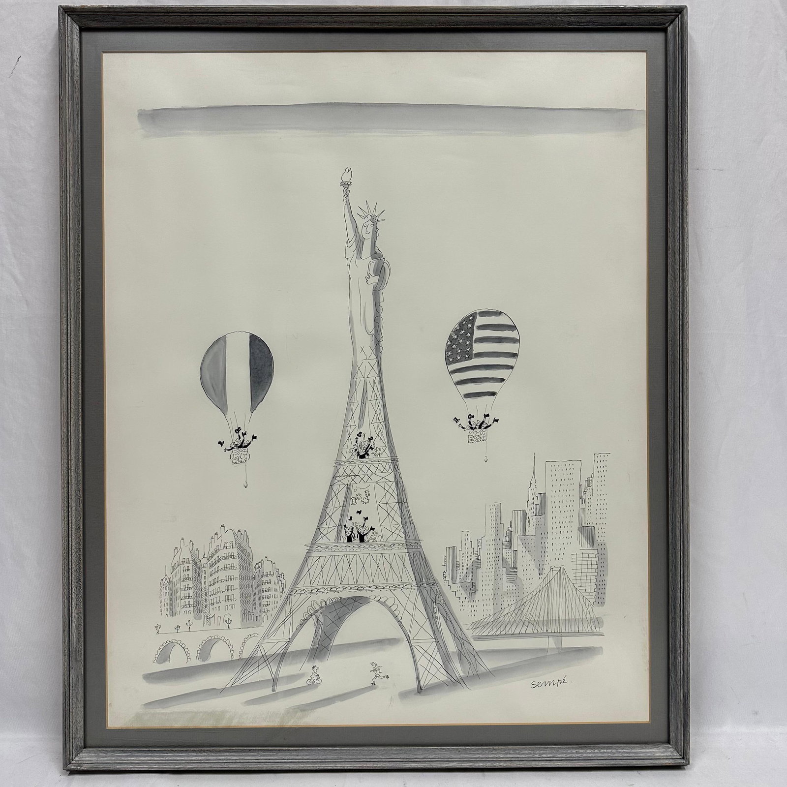 Jean-Jacques Sempe Ink and Wash Drawing Eiffel Tower Statue of Liberty Cartoon Scene Illustration (1 of 6)