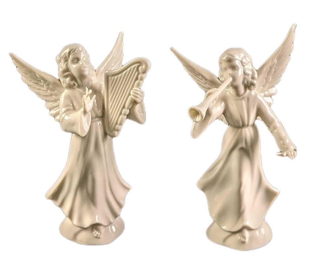 Dresden Porcelain Angel Band Harp & Horn Angels: This lot includes two angels by Dresden Porcelain (Germany). The angel playing the harp is approx 4" x 3" x 6" and the angel playing the horn is approx 3" x 3" x 6". Both are in a good, vintage c