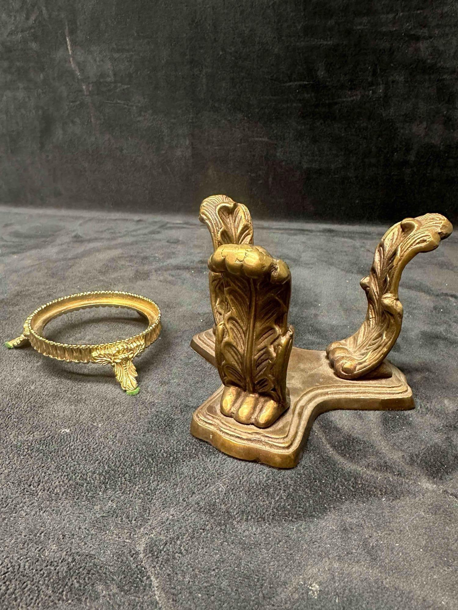 Glass Candle Figure Holder Set Metal Home Decor: This set includes two small metal holders for candle, glass, figure, etc. display use. These items are in good pre-owned, previously displayed condition with light wear, and surface scratches. Please 