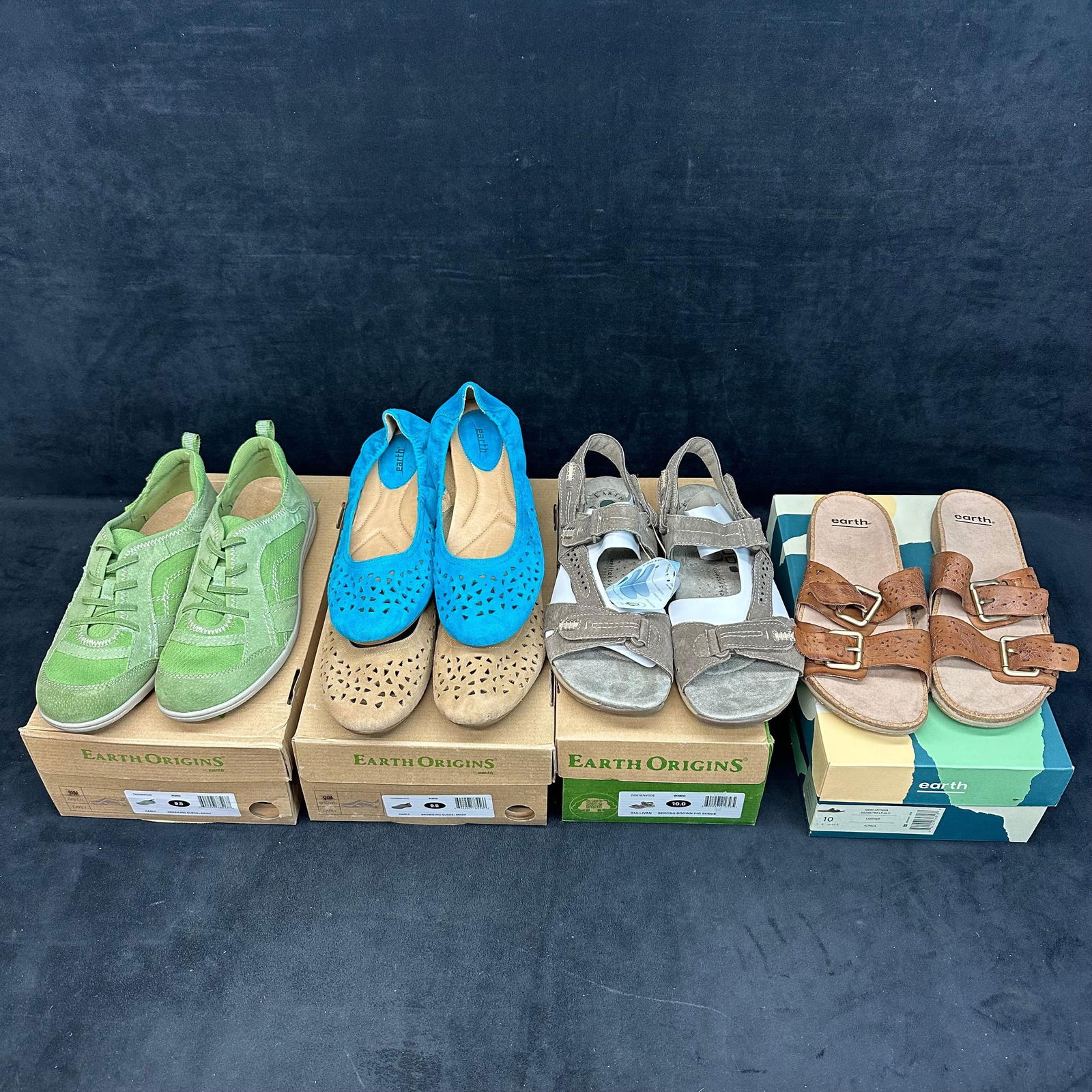 Collection of Earth Origins and Earth Brand Women's Shoes Five Pairs: Group of five pairs (and four boxes) of women's shoes from Earth Origins and Earth brands, including styles such as casual sneakers, flats, and sandals. Most appear brand new with original boxes,