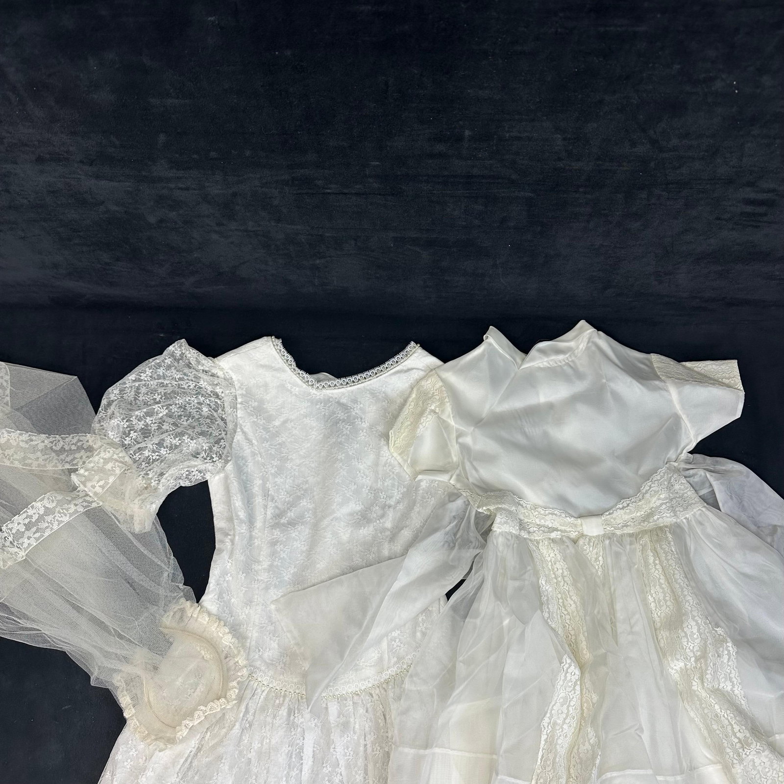 Child’s Baptism Communion Dress Set Cinderella Label Dress Lace Overlay Dress Matching Veil: Three-piece vintage child’s baptism or first communion set, including two white dresses and a coordinating lace veil. One dress features a “Cinderella” label, crafted of sheer thin fabric wi
