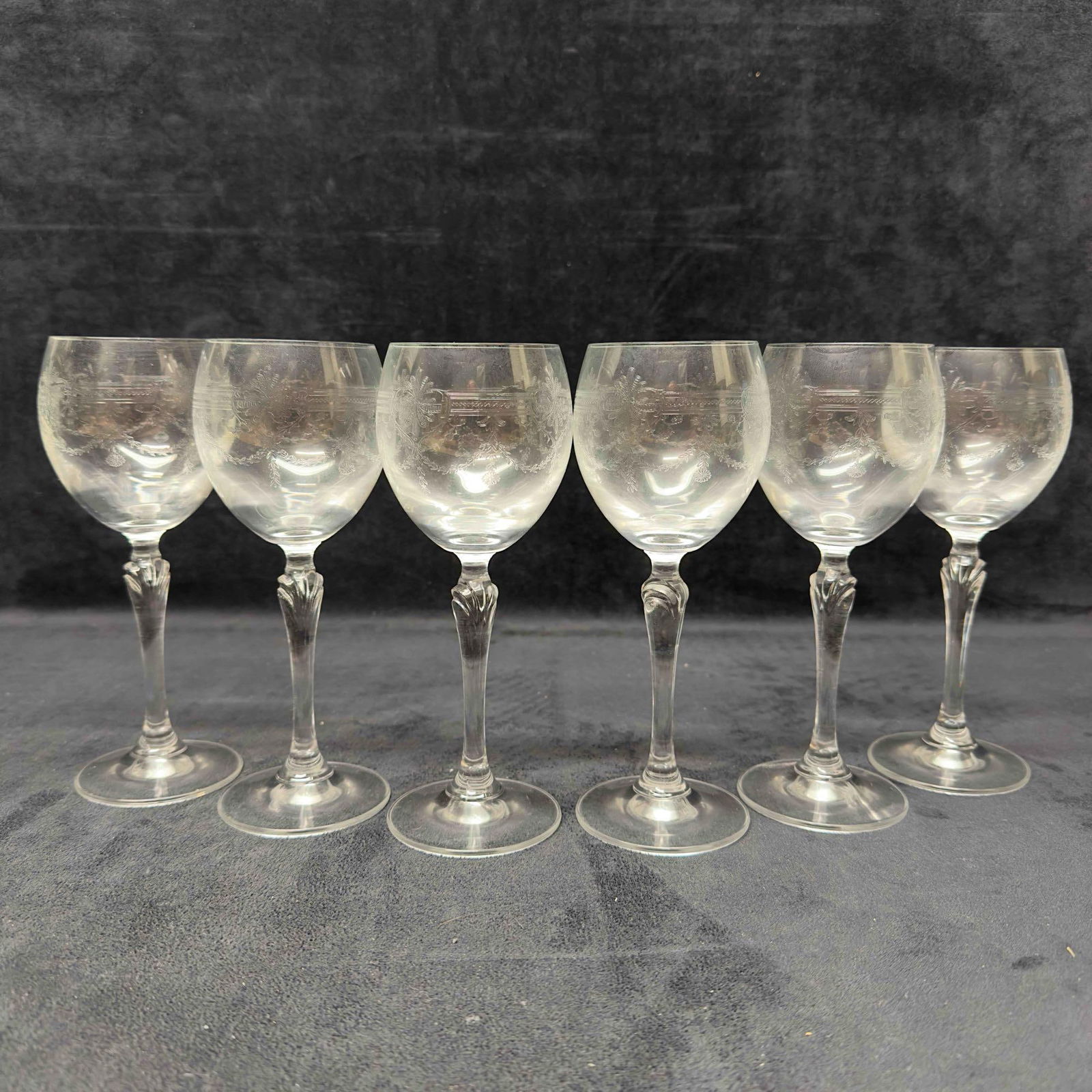 Six Clear Stemmed Wine Bohemia Style Crystal Glasses Etched Glassware Set (1 of 11)