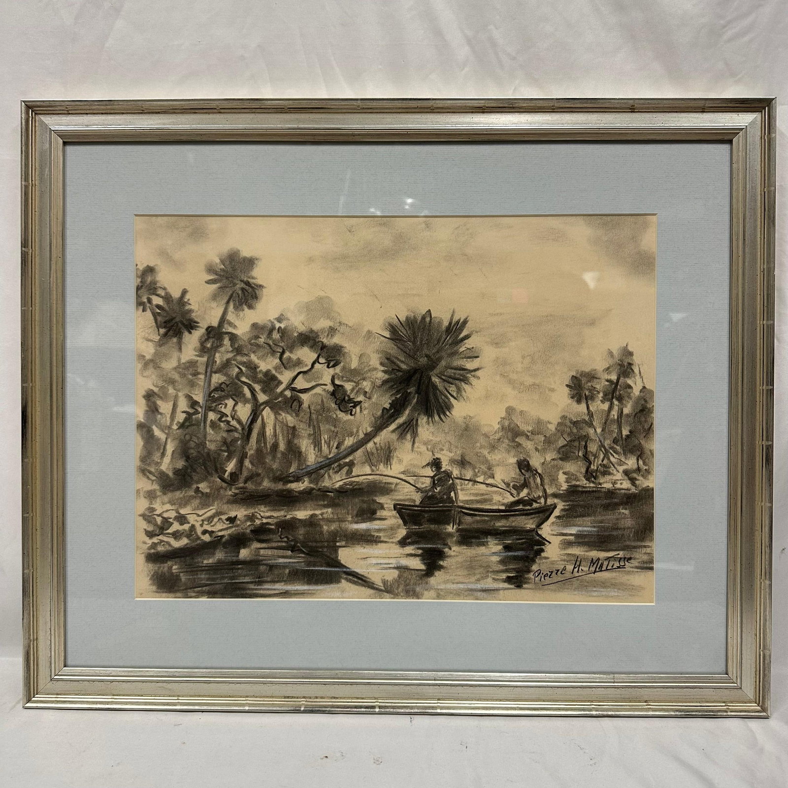 Pierre H Matisse Fishing Off the Boat Original Charcoal On Paper Framed (1 of 9)