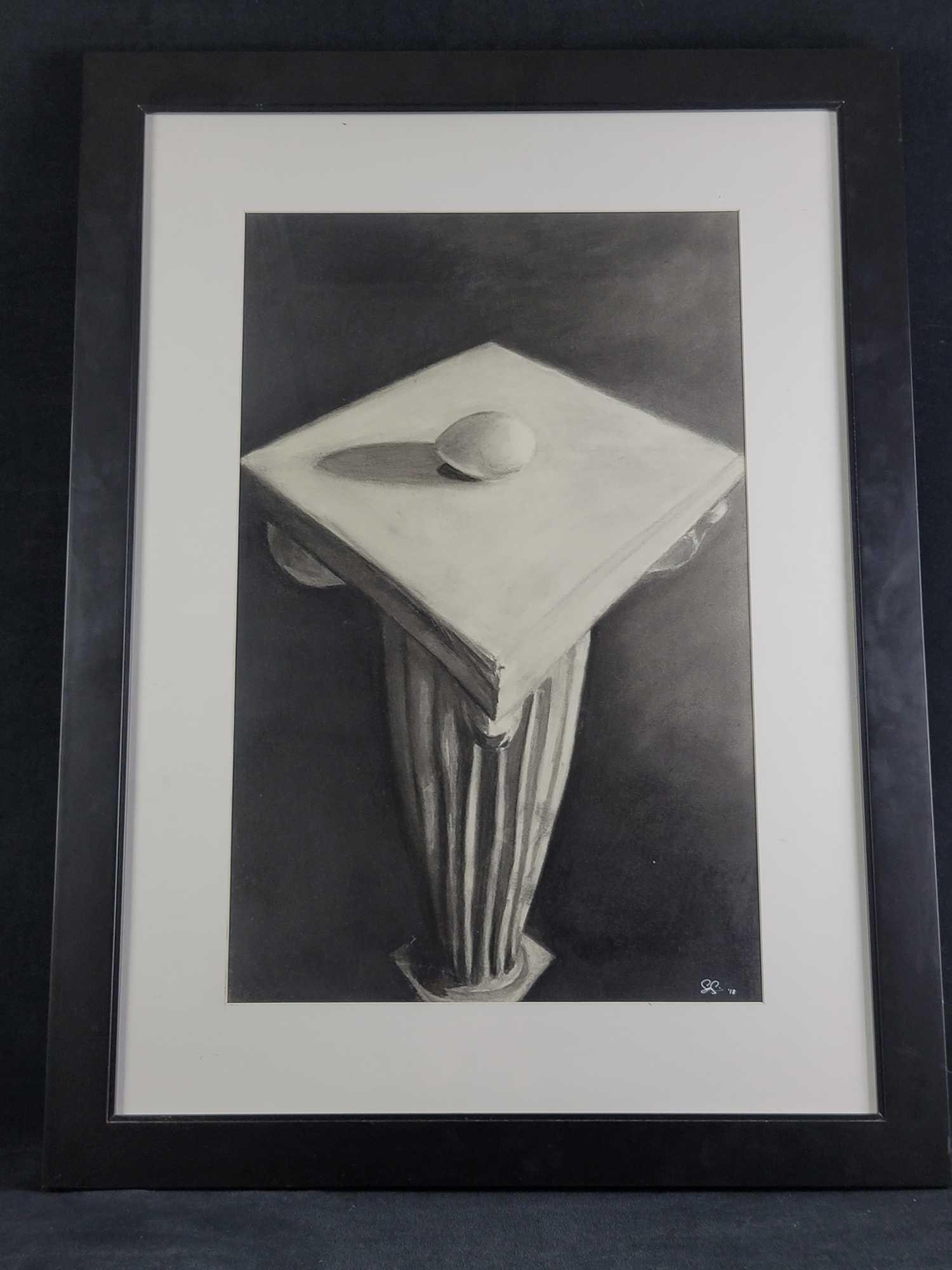Original Charcoal Drawing By Stephen Lewis: Original still life charcoal drawing signed by Stephen Lewis. Drawing is matted and set in a wood frame. In good condition, the back of the frame is cracked in places. Is ready to hang. Approx. measur