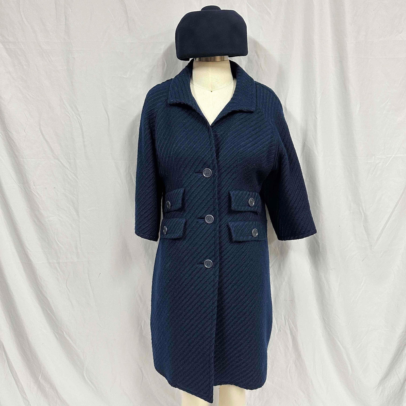 Classic Wool Manuel Pertegaz Blue Over Coat Wide Collar Jacket and Pillbox Hat Fashion Set (1 of 17)