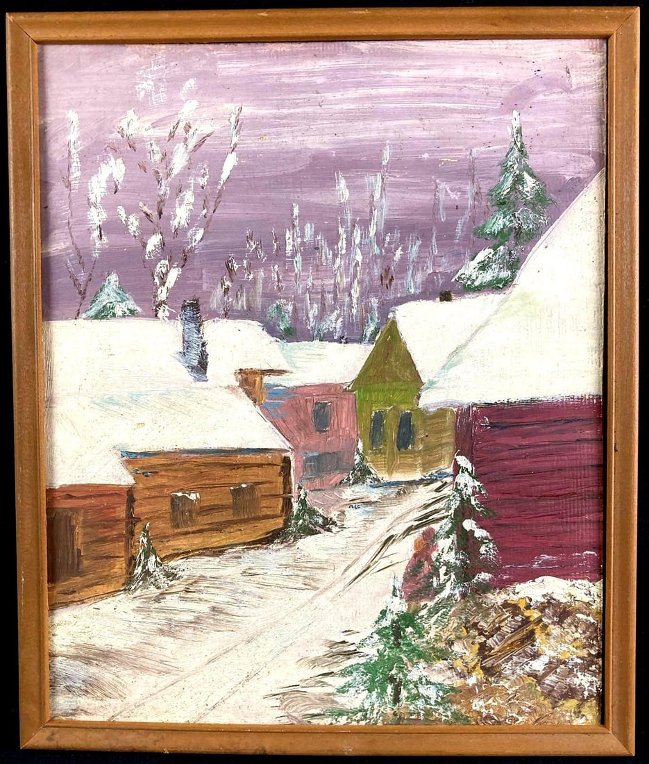 "Snowy Village" Vintage Wood Print Painting: Up for auction is a recent estate find, a painting of a snowy village surrounded by trees and appears to be a vintage work. The artist is unknown and did not sign their name. The wood print is framed