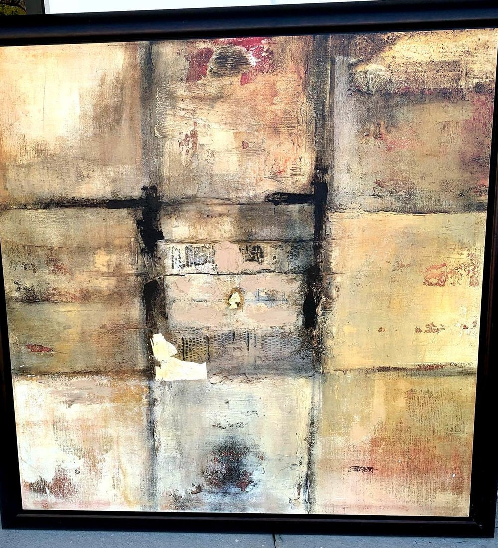 Very Large Canvas Abstract Print 9 Tiles: Very Large Print on Canvas Abstract Art. The print has some raised paint markings throughout artwork. Condition: Excellent. No visible tears, stains or damage on artwork. Print Measurement: 4' 2&#