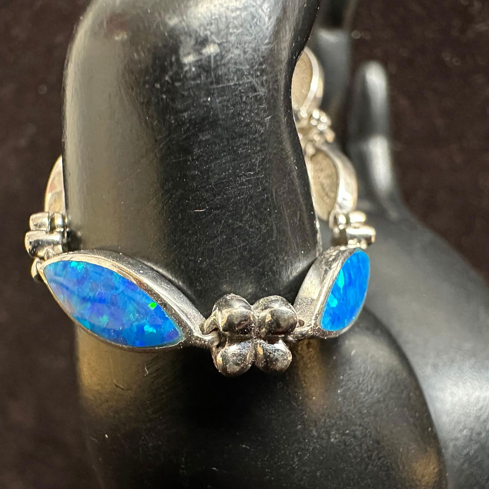 Synthetic Blue Opal Inlay Floral Link Sterling Silver Heart Toggle Clasp Bracelet (1 of 11)