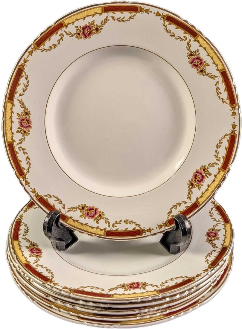 Six Vintage John Maddock & Sons Dessert Plates: Six Vintage John Maddock & Sons Dessert Fine China Plates. Each plate is approx 8" and together they weigh 3.84lbs. The plates are in a good, vintage condition with some crazing and wearing on the tri