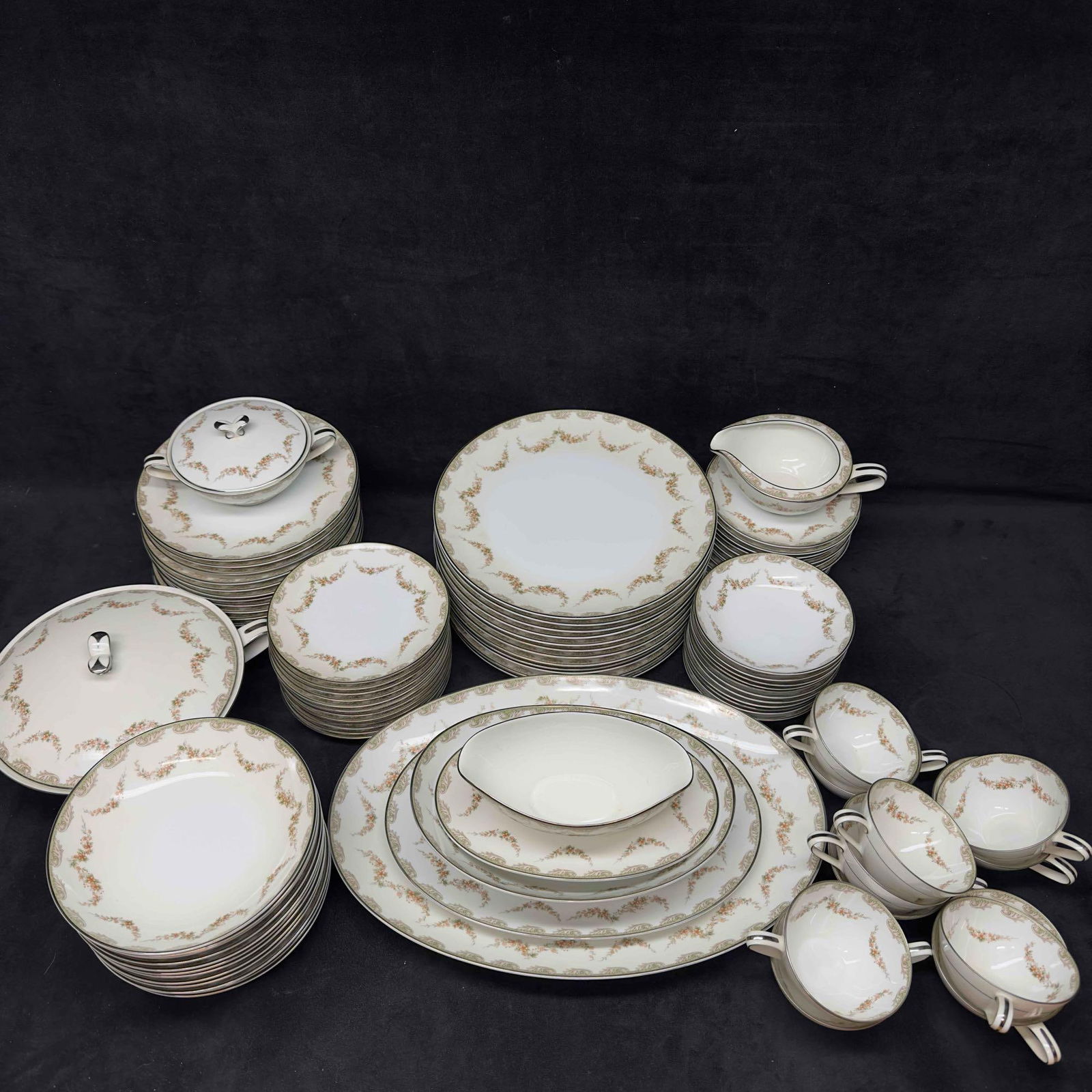 Noritake China Eighty Eight 88 Set Denise 5508 Plates Bowls Cups Gray Scrolls Brown Flower Swags: Vintage Noritake China Set Made in Japan Denise 5508 Design featuring Gray Scrolls, Brown Flower Swags. This set is a beautiful white with a floral design and platinum silver rim. This set includes ei