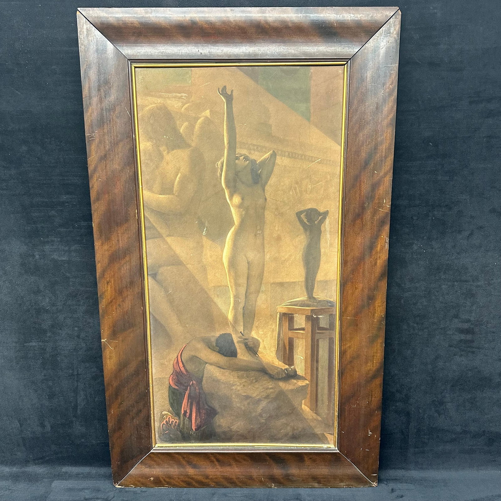 Antique Art Print The Awakening of Galatea Nude Scene Framed: Antique art print after The Awakening of Galatea. The scene portrays a nude female figure emerging in radiant light, with the sculptor collapsed at her feet, tools in hand, capturing the moment of art