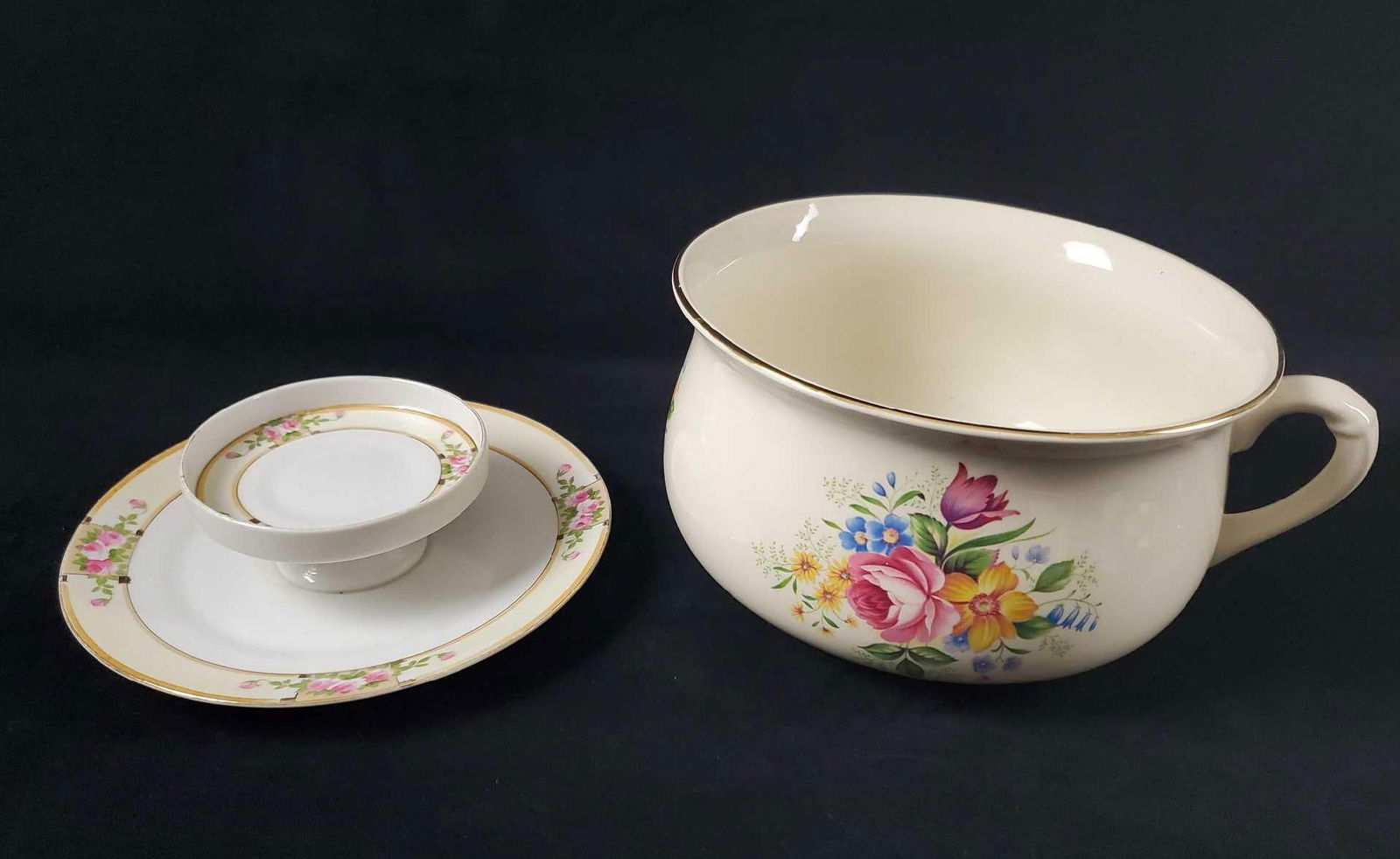 Vintage Porcelain Tray And Chamber Pot Lot Of Two: This lot includes: (1) Hand Painted Vintage Porcelain Nippon Two Tier Platter with pink roses and gold colored trimming. Platter is in good, vintage condition with colors faded on edges due to age. T