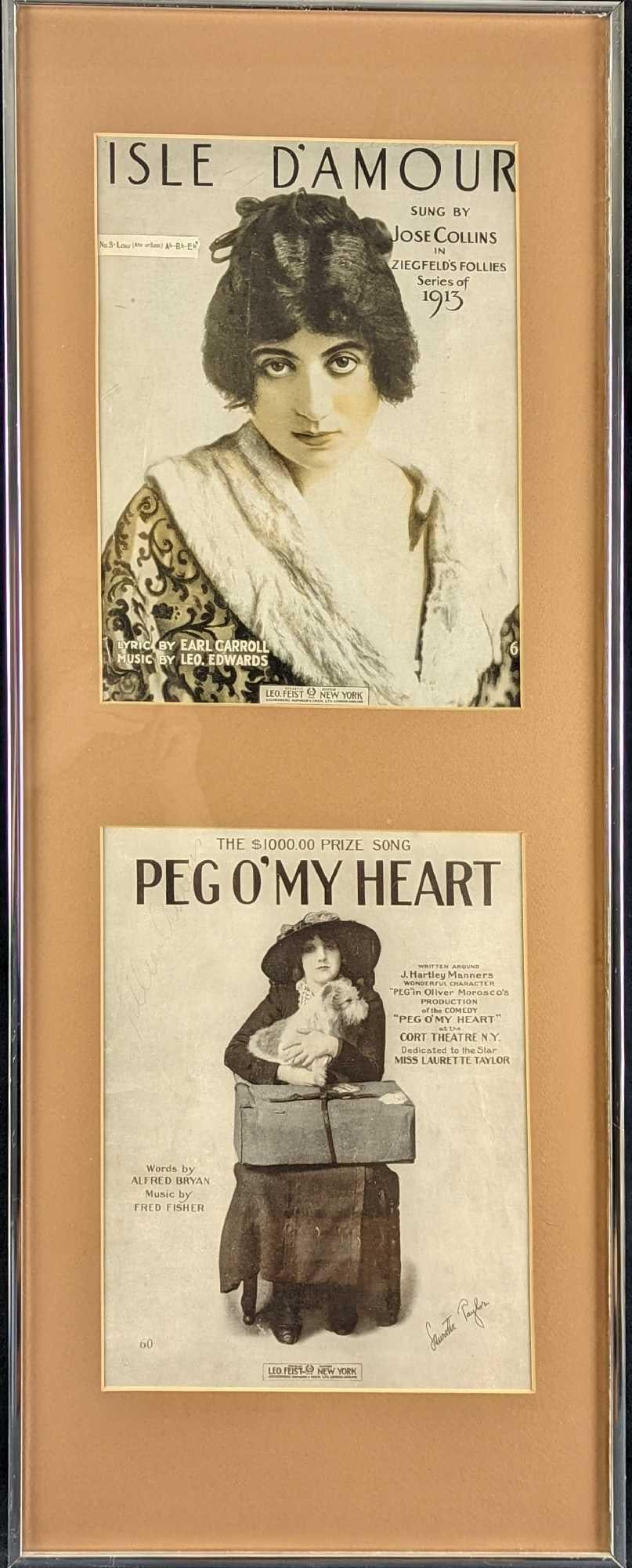 Framed Antique Sheet Music Covers: This frame includes: (1) "Isle Damour" Sung By Jose Collins Sheet Music. Series From 1915. This is approx 10" x 13". (1) "Peg O My Heart" By Alfred Bryan. This is approx 10