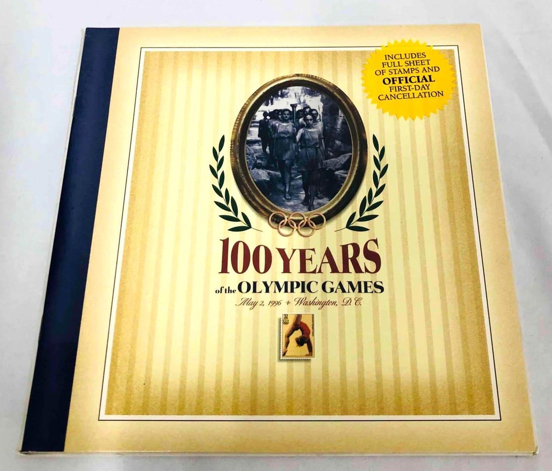 1996 Centennial Olympic Games First-Day Souvenir Sealed: This lot contains a 1996 Centennial Olympic Games First-Day Souvenir Sealed. It is approx 8 3/4" x 8 3/4" and it weighs about 0.2lbs. Overall the Olympic games souvenir is in good used condition