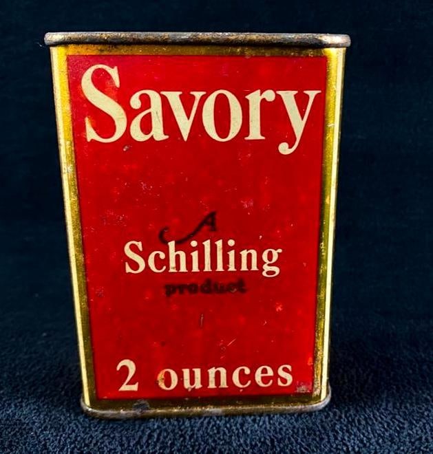 Savory Schilling Spice Tin - 1933: Savory Schilling Spice Tin - 1933 1933 Schilling spice tin "Savory" spice mix. 2 ounce tin made in San Francisco, CA. In good condition, with all labels still intact and very little fading of