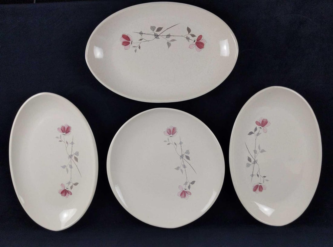 Retired Franciscan Earthenware Duet Four Platters: Franciscan Earthenware's "Duet" Series. This lot includes three platters and one plate. The Series was released from 1956 - 1961. (1) Oval Serving Platter. Is approx 13" across. (3)