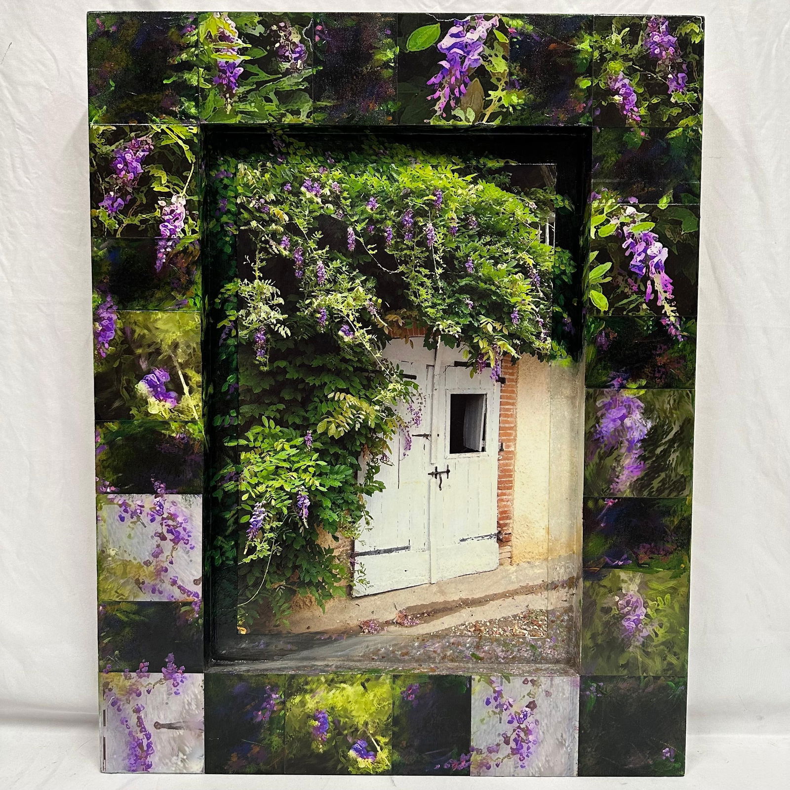Robert Stein Mixed Media Collage Barn Door and Wisteria Signed Framed Wood Art: Mixed media collage artwork by Robert Stein titled Barn Door and Wisteria. Robert Stein specializes in creating unique one of a kind, photographic mixed media fine art from photography. The compositio