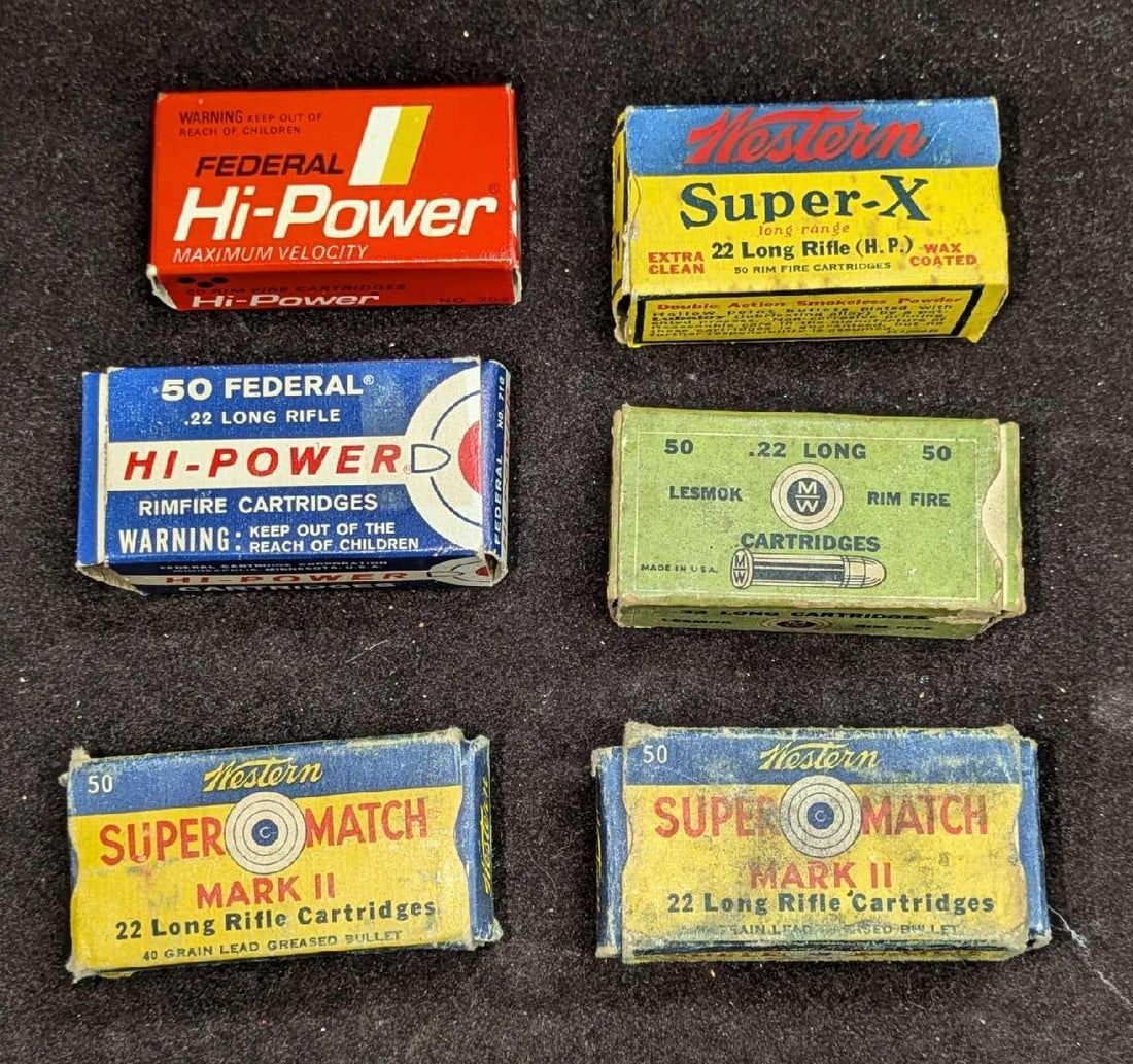 6 Boxes Of Assorted 22 Long Rifle Cartridges: 6 Boxes Of Assorted 22 Long Rifle Cartridges. This lot includes: (2) Western Super Match Mark II. Comes in the original box that is approx 2 1/2" x 1 1/4" x 1 1/8". Partial Filled. (1) Hi-