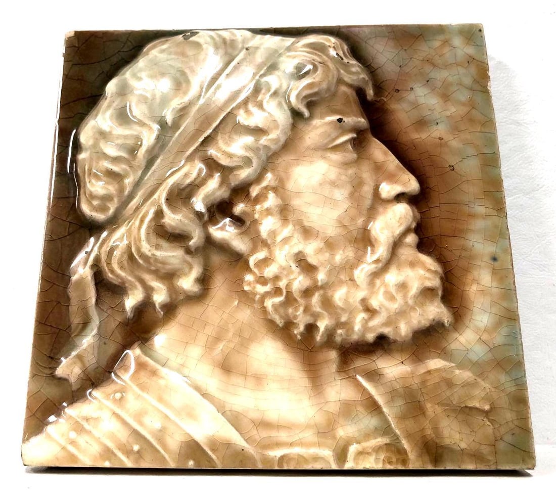 Vintage High Relief Tile Wall Hanging - Art Pottery Glazed Portrait Tile: Vintage High Relief Tile Wall Hanging - Art Pottery Glazed Portrait Tile in Cream, Brown, Sage. The item measures approximately 6" x 6" x 1-1/4" and it weighs about 1.3lbs. Overall the Art Pottery Gla