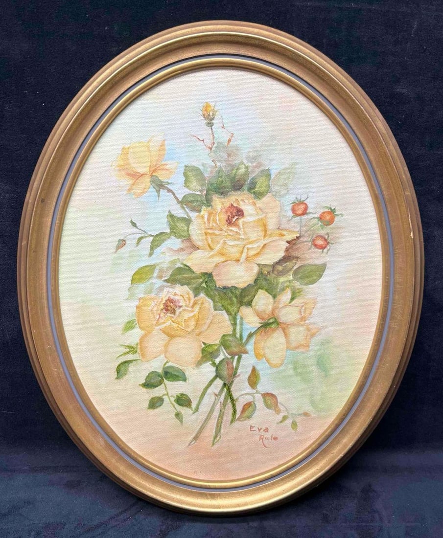 Original Acrylic On Canvas Flower Still Life By Eva Rule Gold Frame: This lot contains a Original Acrylic On Canvas Flower Still Life By Eva Rule Gold Frame. It is approx. 16 1/2" x 13 1/2". Total weight is approx 1.3lbs. Overall the original artwork is in good pr
