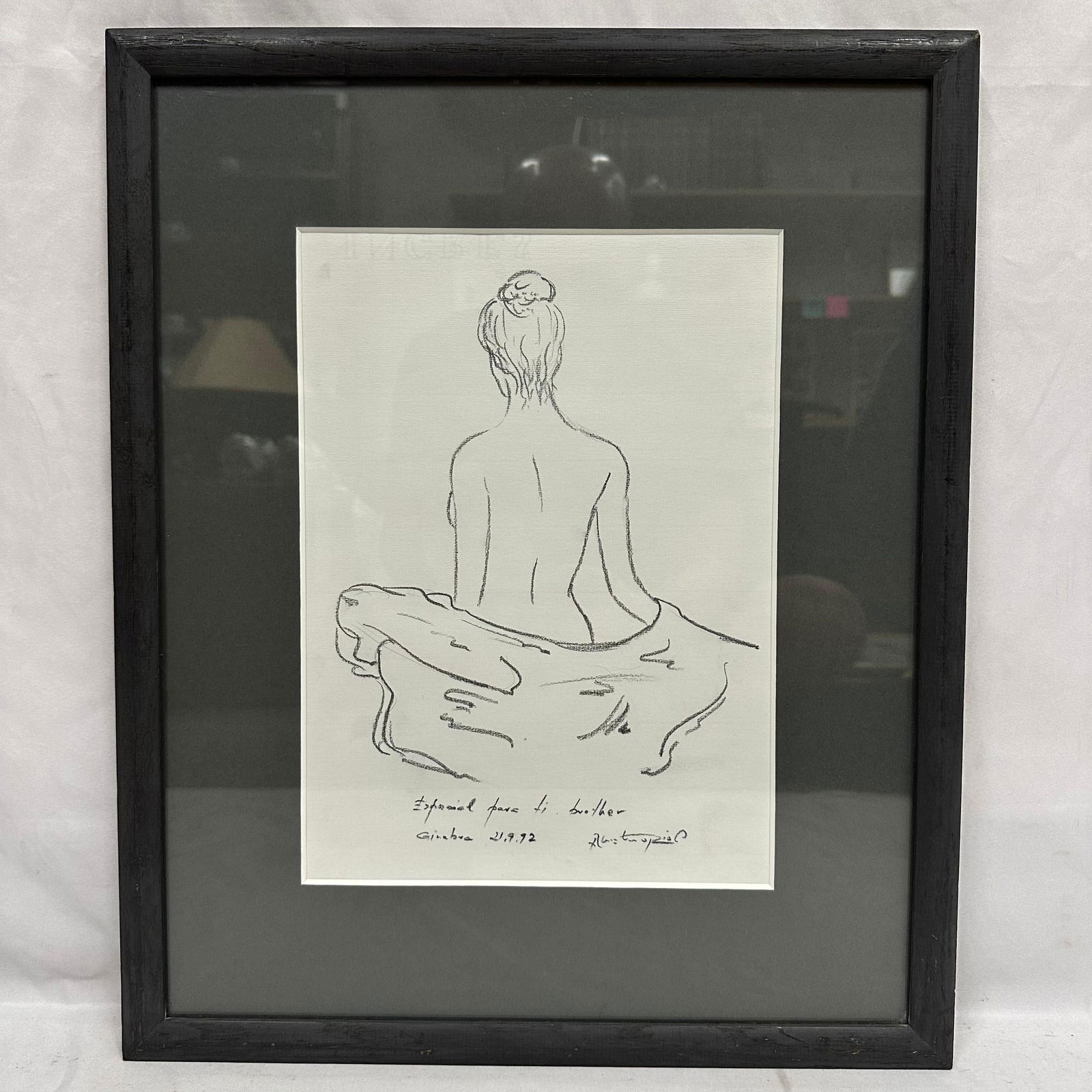 Framed Nude Titled Study for the Bather Pencil Sketch Signed and Dated: Vintage framed pencil drawing of a seated nude woman shown from behind, lightly draped in a towel fabric. Signed and dated 21.9.72 by the artist. Signed by the artist, unknown. Presented in a black wo