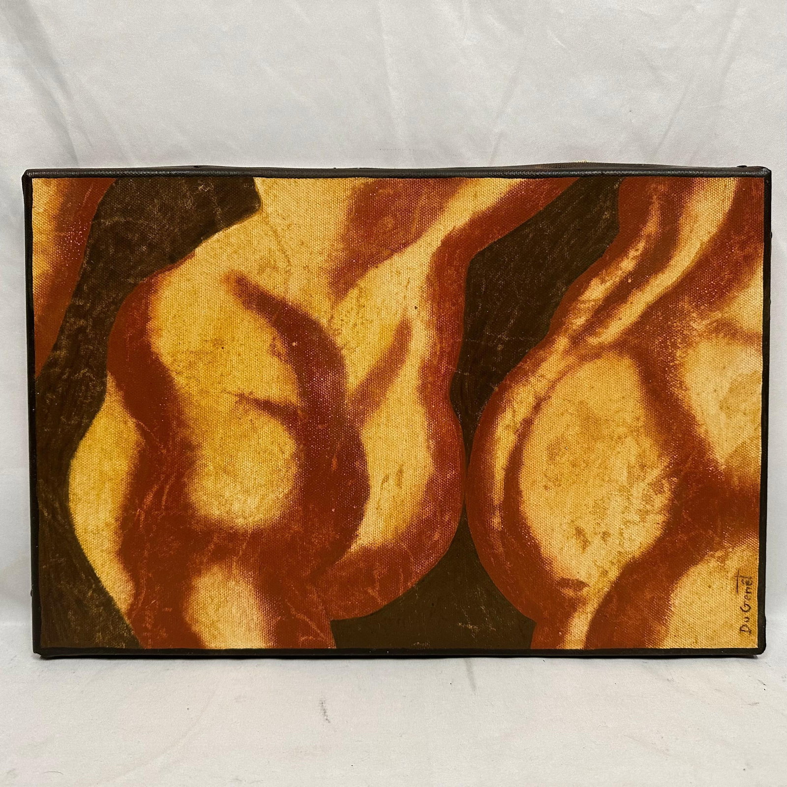 Gilles Du Genet Abstract Nude Forms Oil with Ochre on Canvas: Signed Gilles Du Genet oil-on-canvas artwork, featuring abstracted nude silhouettes in warm earth tones. Presented on a stretched canvas with original gallery tag on the reverse. Vibrant mid-century m