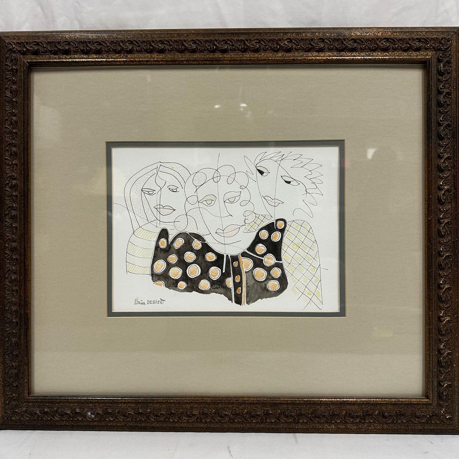 Alain Despert Mixed Media Drawing Sketch Illustration Three Stylized Figures Signed (1 of 10)