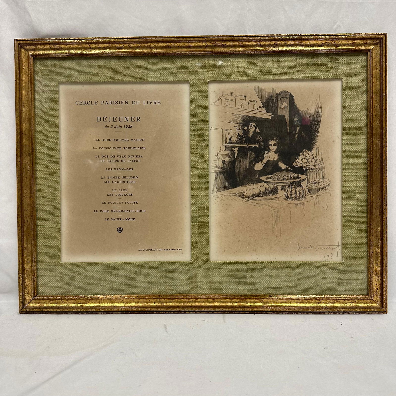 Vintage 1928 Framed French Menu and Etching Illustration Signed and Framed (1 of 7)