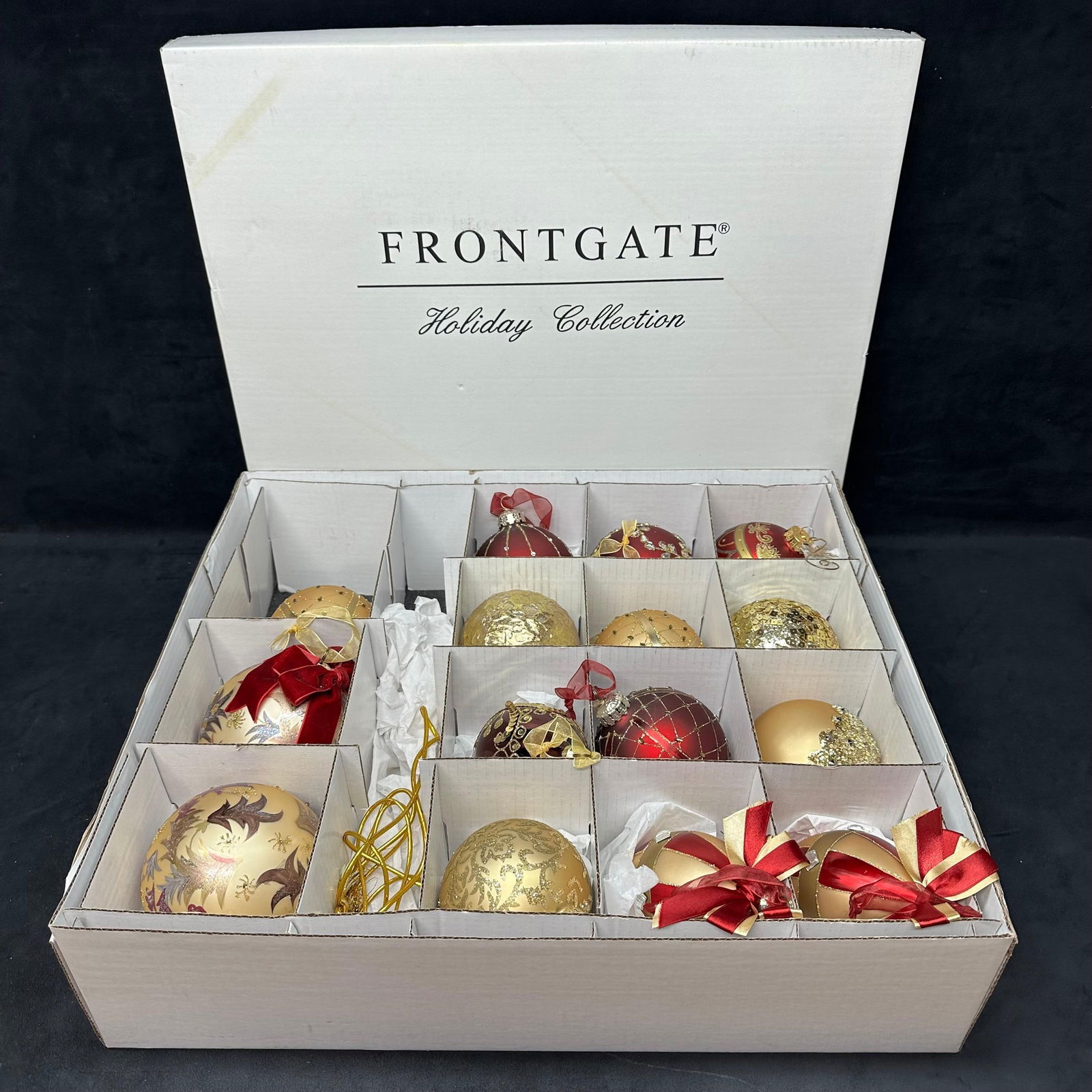 Gold and Red Frontgate Holiday Collection Fifteen Christmas Ornament Set with Box (1 of 16)