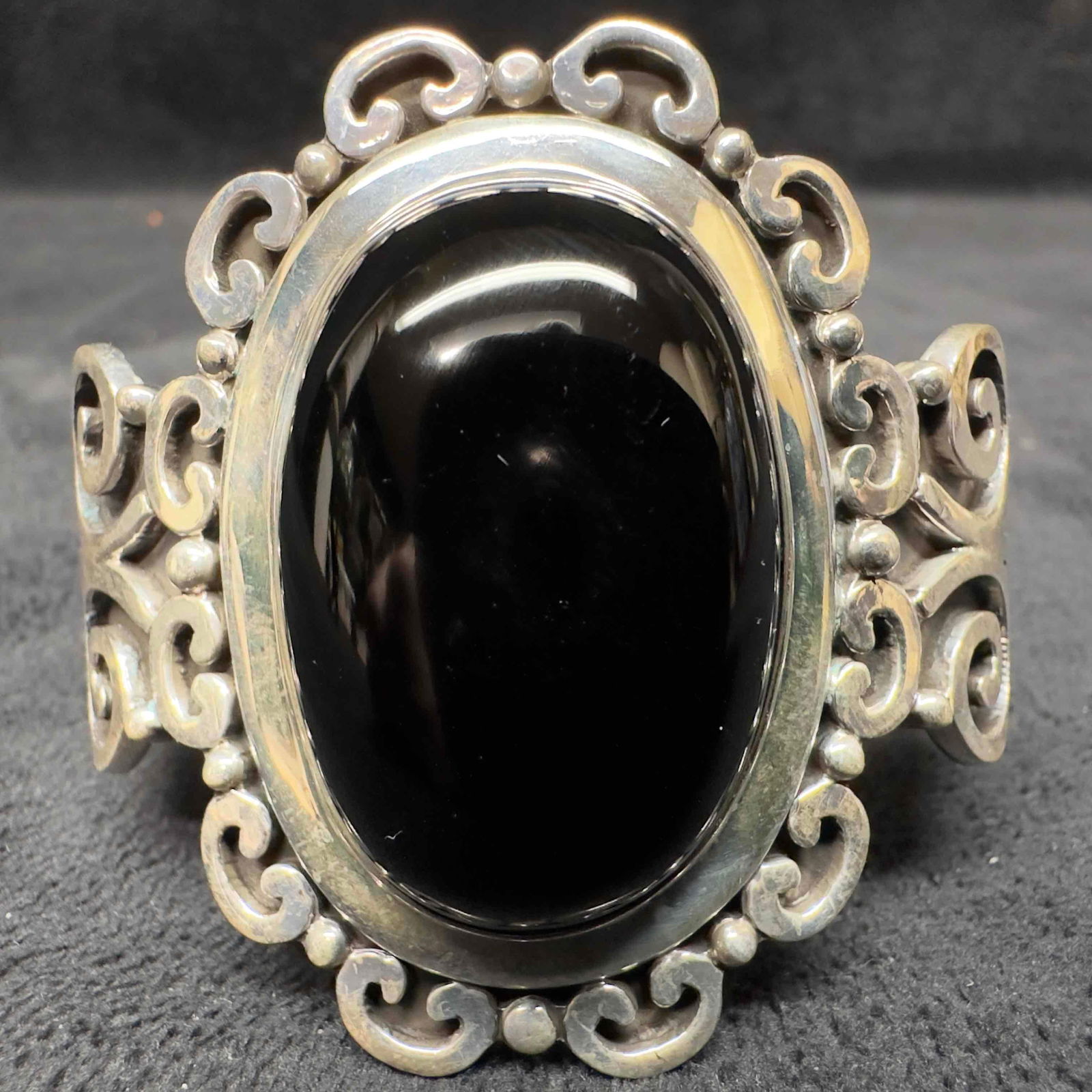Black Onyx Large Cabochon Bracelet Bangle Sterling Silver ATI Mexico Cuff (1 of 9)