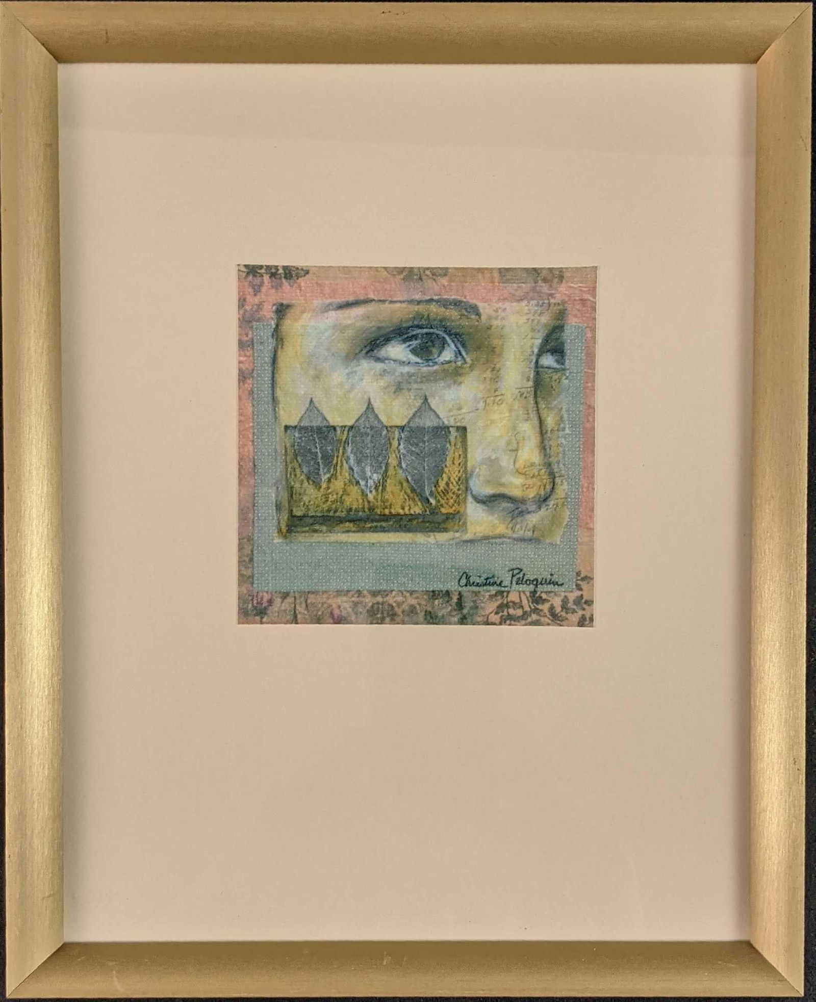 Christine Peloquin Print On Fabric Woman X1: Christine Peloquin print on the fabric of a woman. The framed print is approx 8 1/2" x 1" x 10 1/4". The print is approx 4" x 4" and is in a good, used condition with no known dama