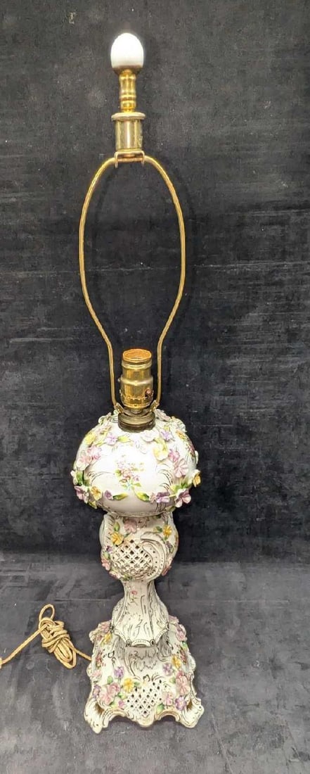 Vintage Carl Thieme Potschappel Dresden Table Lamp: Vintage Carl Thieme Potschappel Dresden Table Lamp. The hand painted porcelain lamp is approx 7 1/2" x 7 1/2" x 32" (19" without the harp) and it weighs 3.60lbs. There are small chips on the flow